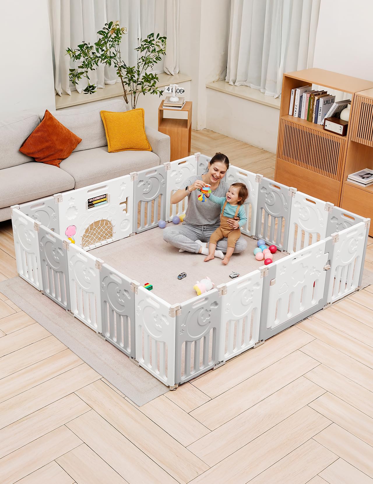 Dripex Parc Bébé Modulable et Pliable 190x190cm, Parc Enfant avec Porte et Panneau d'Activité, Gris (18 Panneaux)