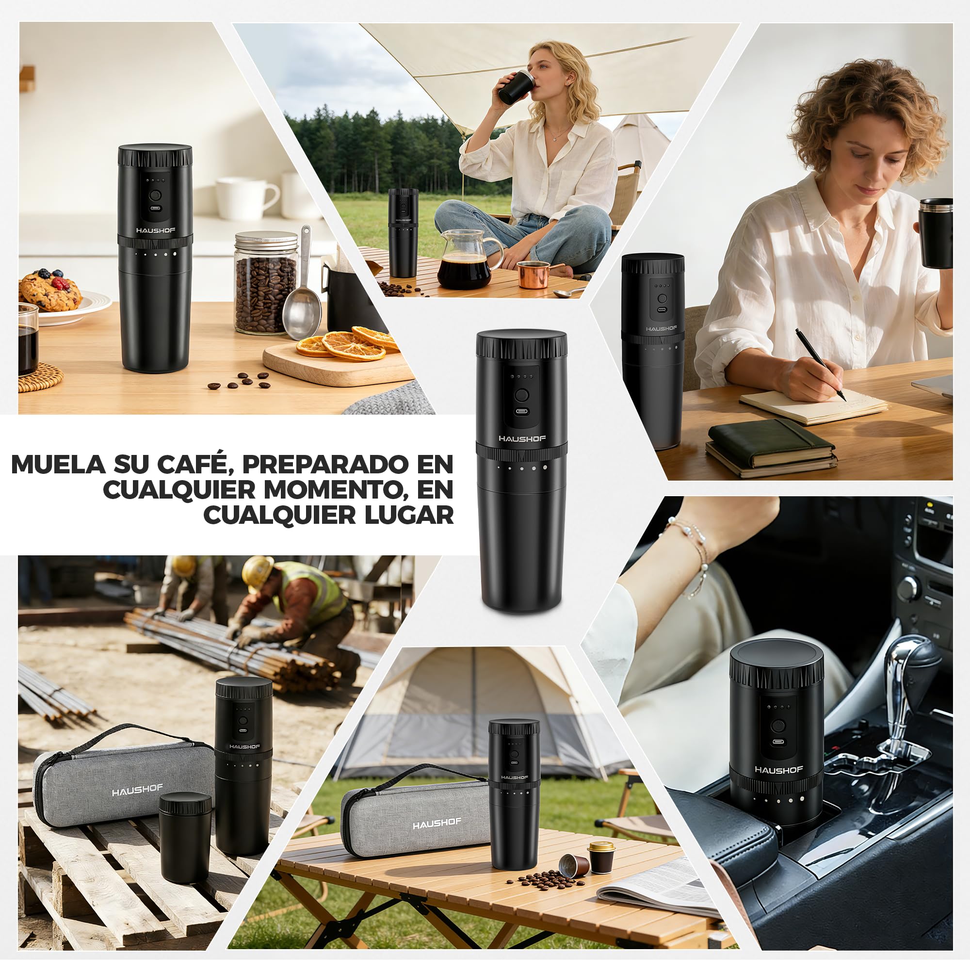 HAUSHOF Molinillo de Café Eléctrico Portátil Inalámbrico con Sistema de Infusión Manual, 5 Niveles de Molienda Ajustable, Taza Térmica de Viaje, Recargable USB-C para Camping, Senderismo y Oficina