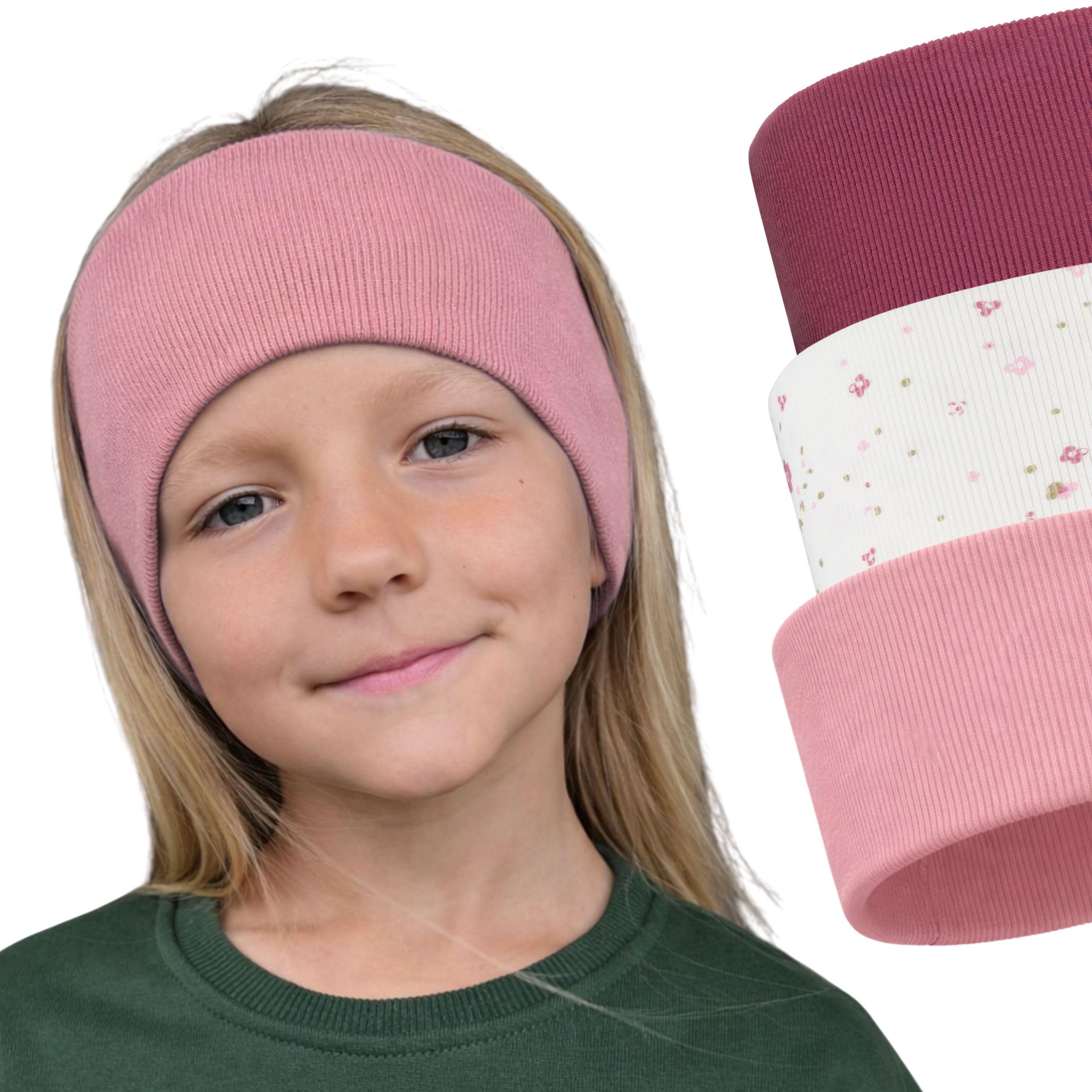 Bubalove - Set 3 x Stirnband kinder mädchen - Handgenähte Stirnbänder - Baby Haarband Baumwolle - schweißband für herbst und winter - 2-12 jahre - 3 Stück - Dunkelrosa/Pfingstrose/Blümchen
