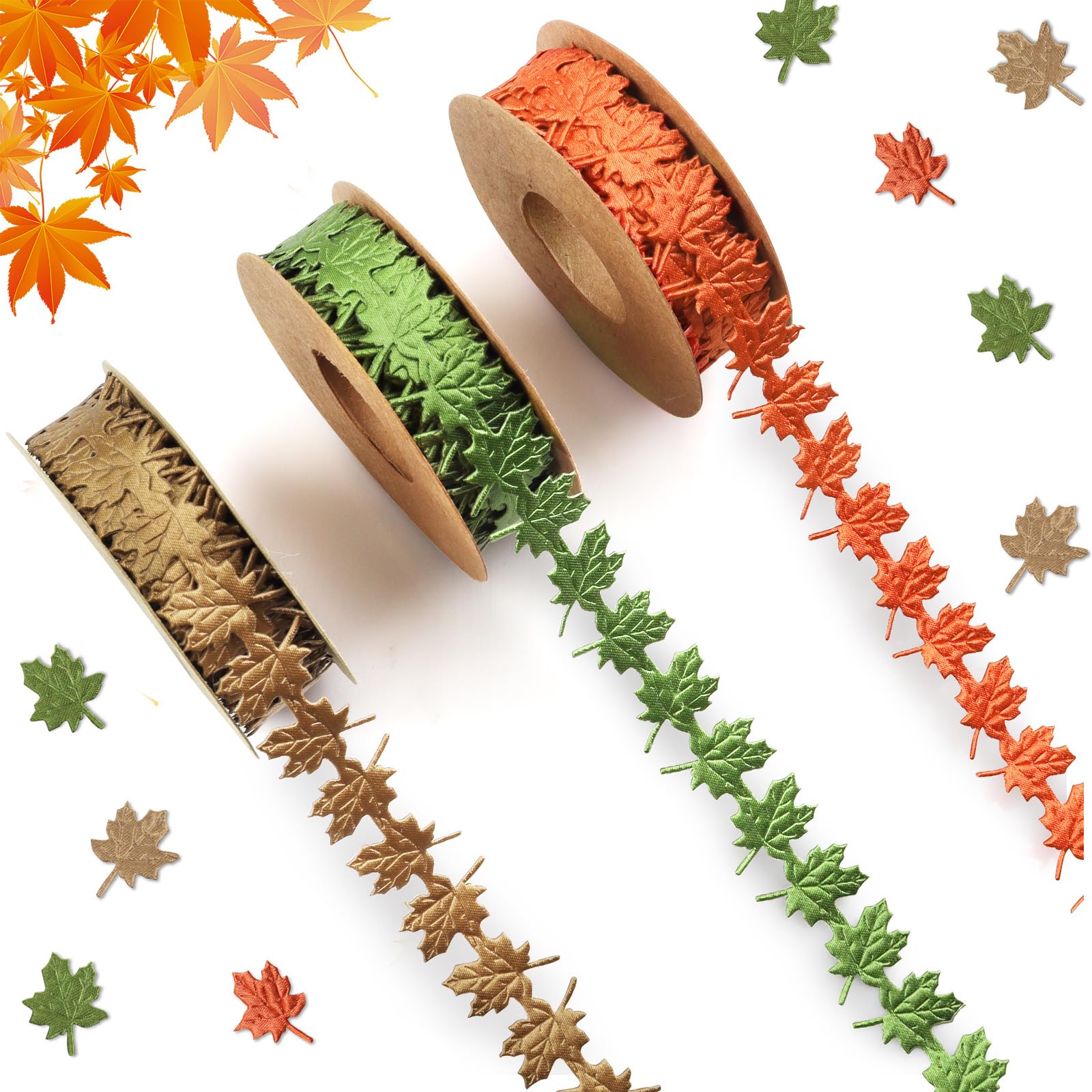 Hying3 Rolls Fall Ribbons for Crafting, Autumn Maple Leaf Ribbon Orange Green Thanksgiving Craft Ribbons for Gift Wrapping DIY Wreath Bouquets Decorations-5 Yards Each