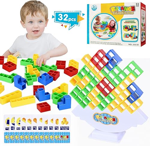 Kwack - Juego de 32 juguetes de bloque de equilibrio de la torre Tetra, juego de ataque apilable, torre de equipo para 2 jugadores, noche de juegos