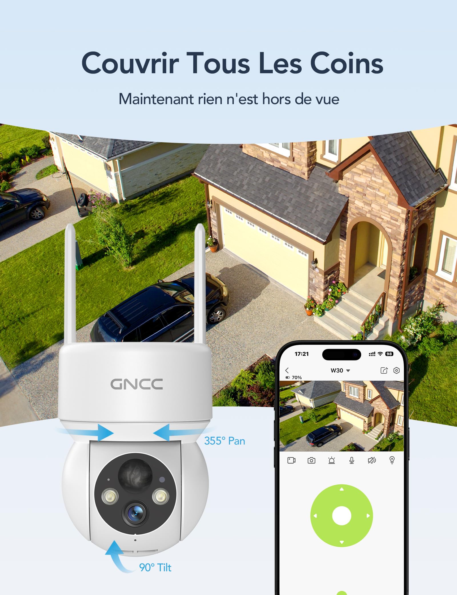 GNCC Camera Surveillance WiFi Exterieure sans Fil Panneau Solaire 360° PTZ 2MP Détection Humaine PIR Vision Nocturne Couleur Audio Bidirectionnel 2,4G