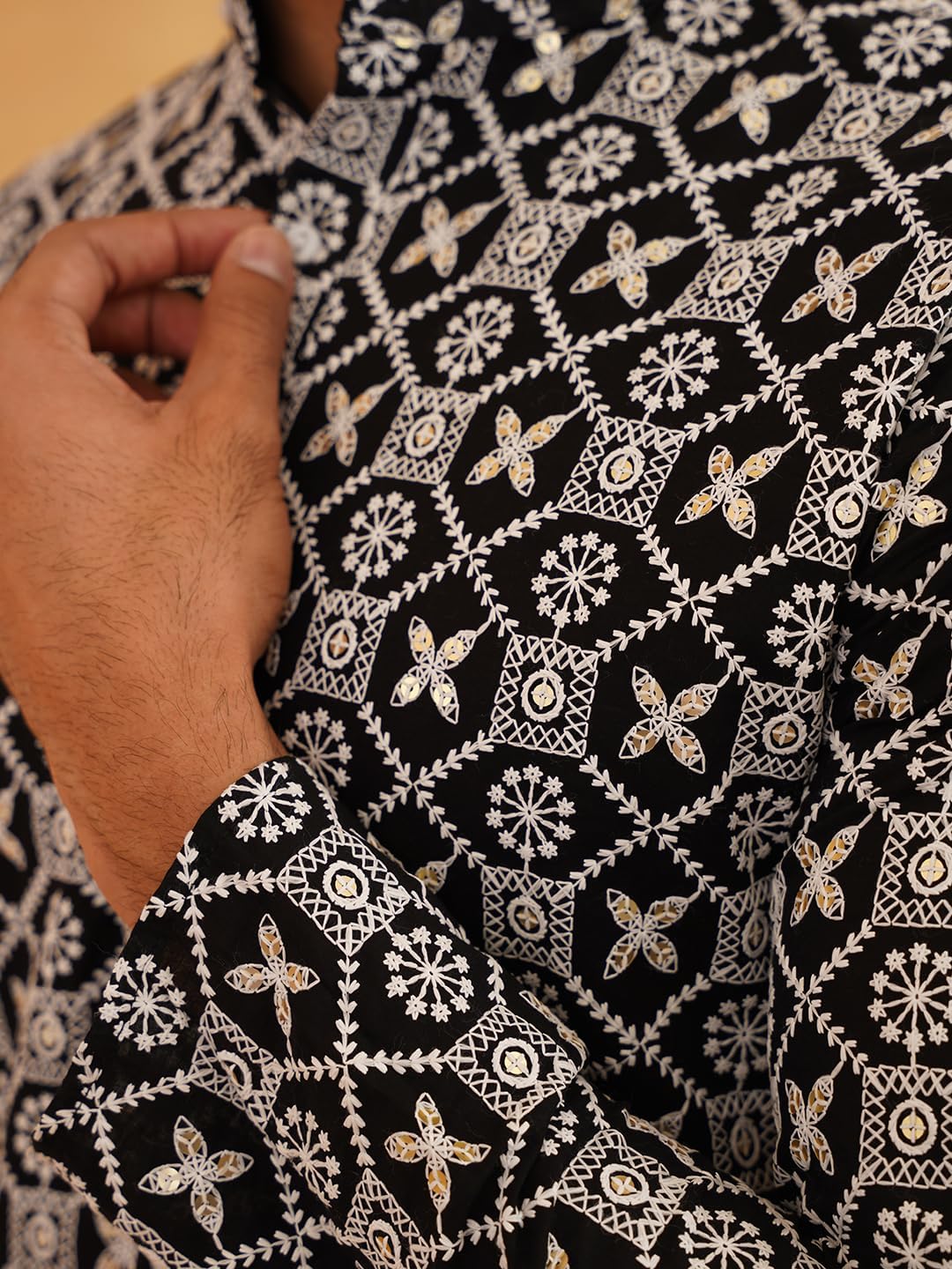 Sojanya (Since 1958 Men'S Cotton Gold Sequence Embroidered Kurta With White Churidaar Pyjama - Image 5