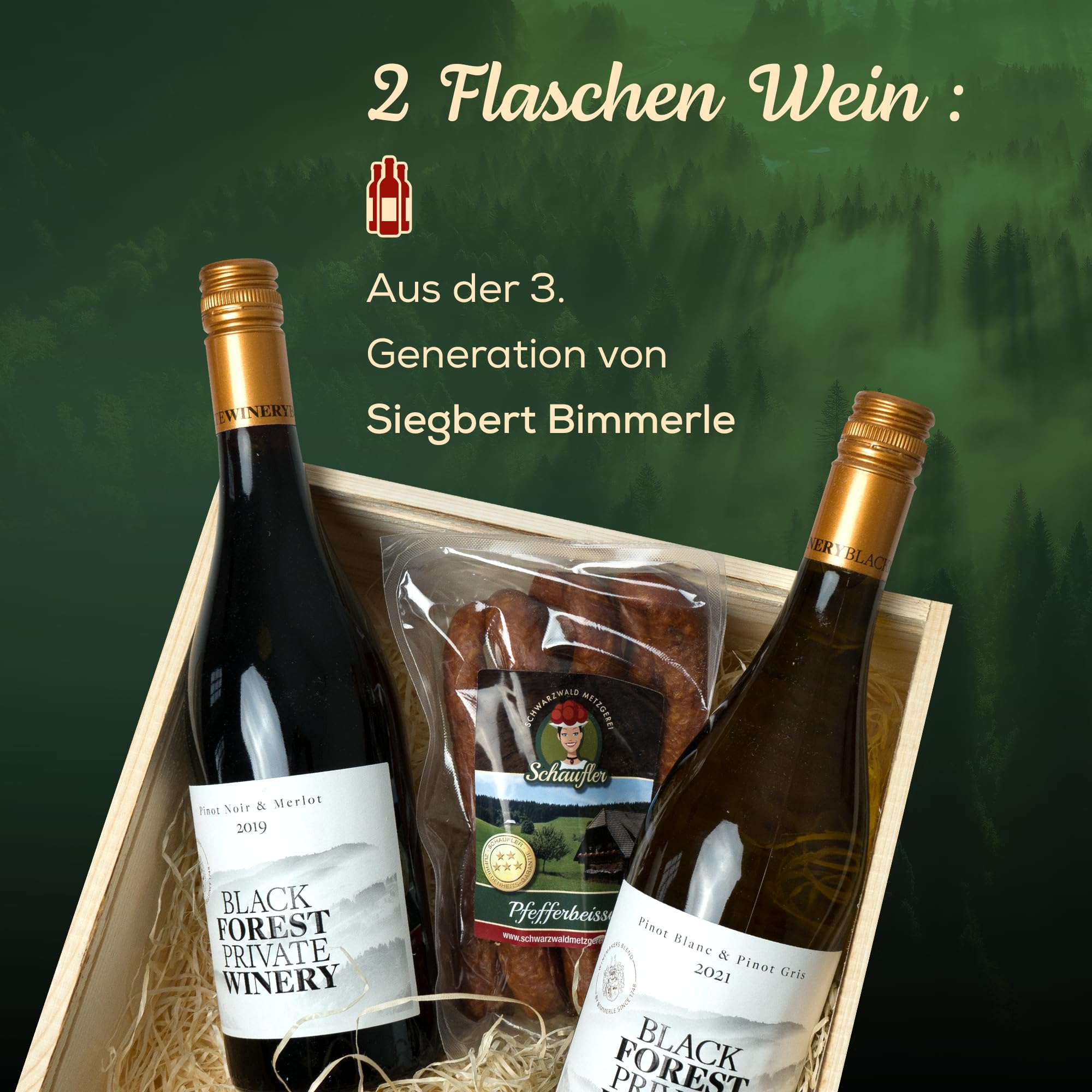 Schwarzwald Metzgerei Schaufler Badische Weinkiste - Rot- und Weißwein mit Pralinen und Knabberwurst-Pfefferbeisser 4-teilig