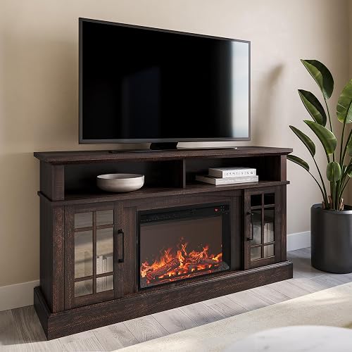 BELLEZE Traditional 58" Rustic TV Stand with 23" Electric Fireplace Heater with Sound, Media Entertainment Center Console Table for TV up to 65" with Open Storage Shelves and Cabinets - Espresso