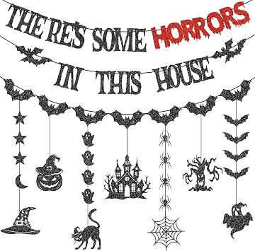 Theres Some Horrors in This House Banner Halloween Decorations Black and Red Glitter Hanging Garland Decor for Spooky Horror Party Scary Summerween Bat Banners Favors for Indoor Outdoor Home Wall
