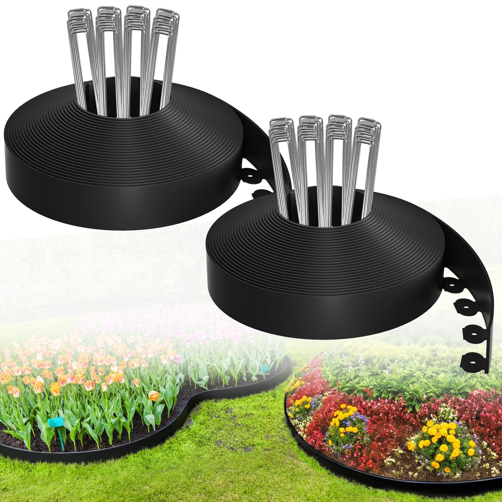 Photo 1 of Bonviee 100FT Landscape Edging Kit, 1.5”No-Dig Garden Edging Border with 150 Stainless Steel Stakes, 2 x 50FT Flexible Lawn Edging for Flower Beds, Yard, Tree Rings & Landscaping