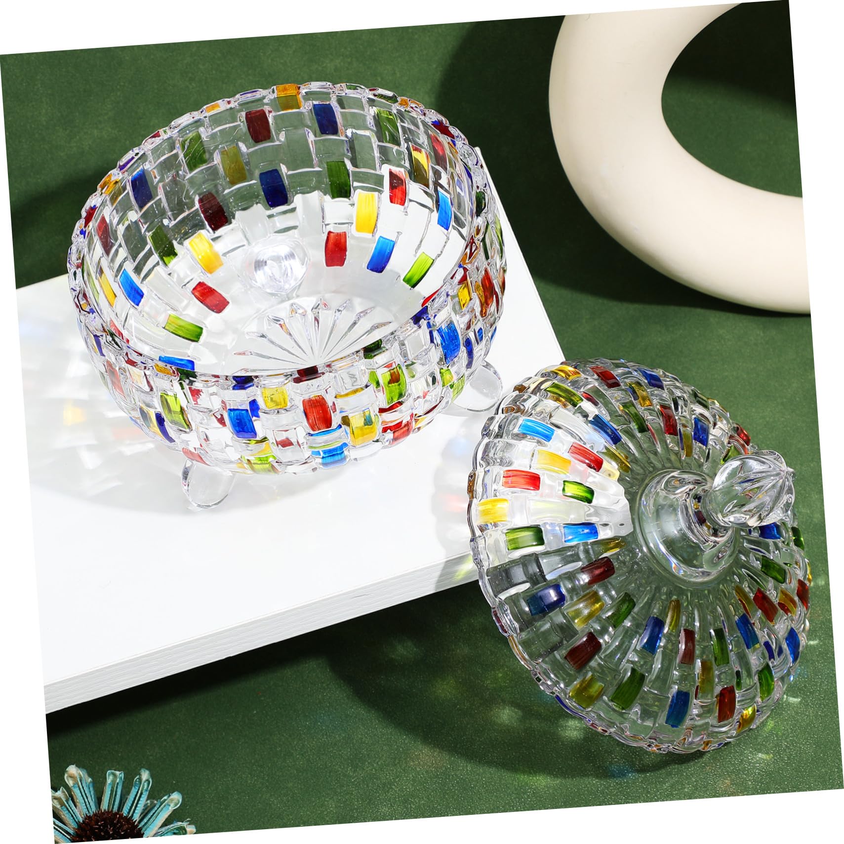 Vintage Candy Dish mit Deckel Farbiges Glas mit Kunstvollem Gewebtem Muster Transparente Süßwaren Schmuckaufbewahrung Vielseitiges Aufbewahrungsglas für Snacks und Teeblätter