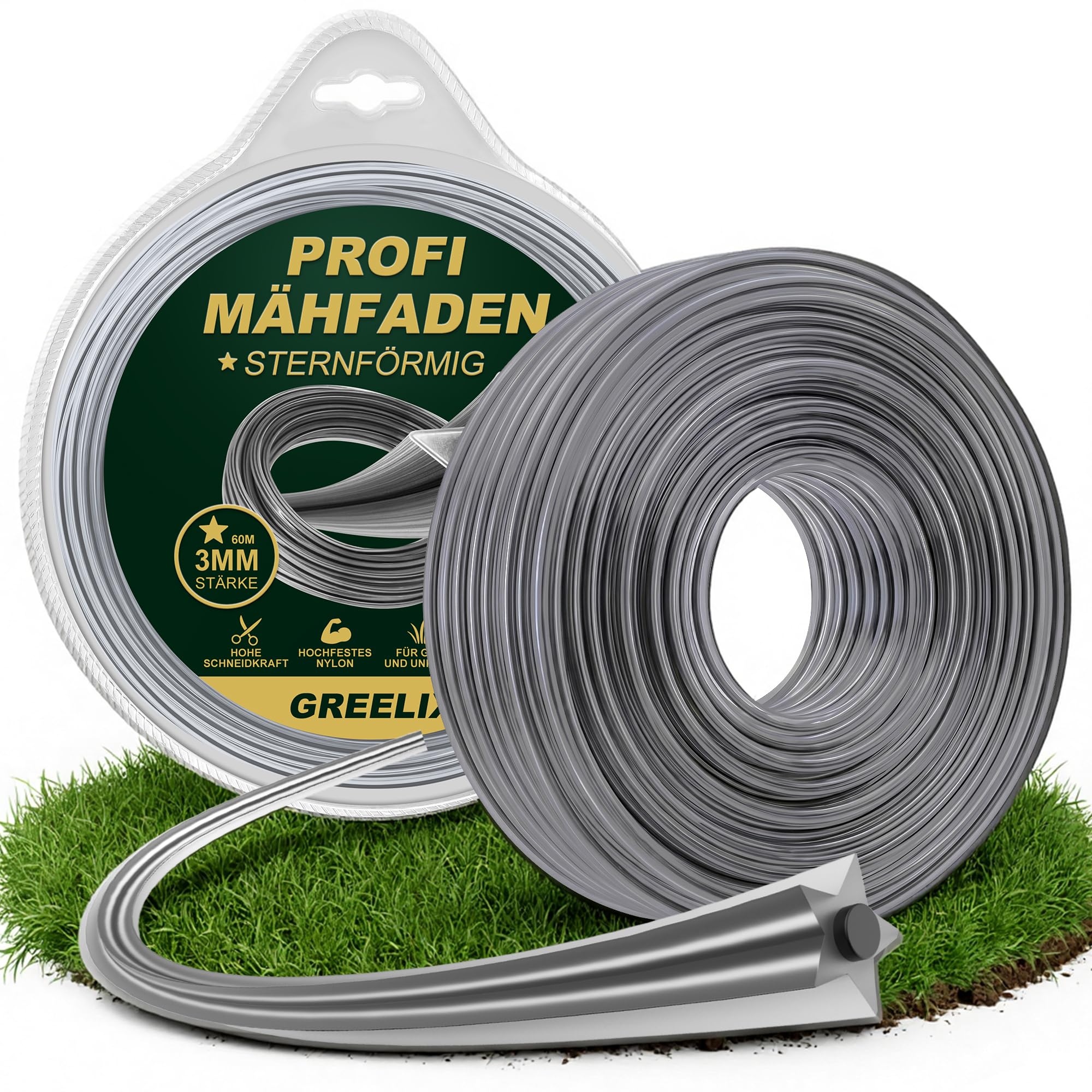 Hilo Desbrozadora 3mm x 60m – Bobina de Nailon en Forma de Estrella para Desbrozadoras y Recortadoras, Hilo Reforzado para Desbrozadoras, Corte Limpio