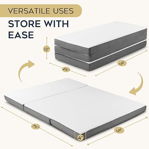 Miniatura 3 de Colchón triple plegable con capa de espuma viscoelástica, colchón plegable triple de 4 pulgadas con funda lavable, tamaño matrimonial de 75 x 54 x 4