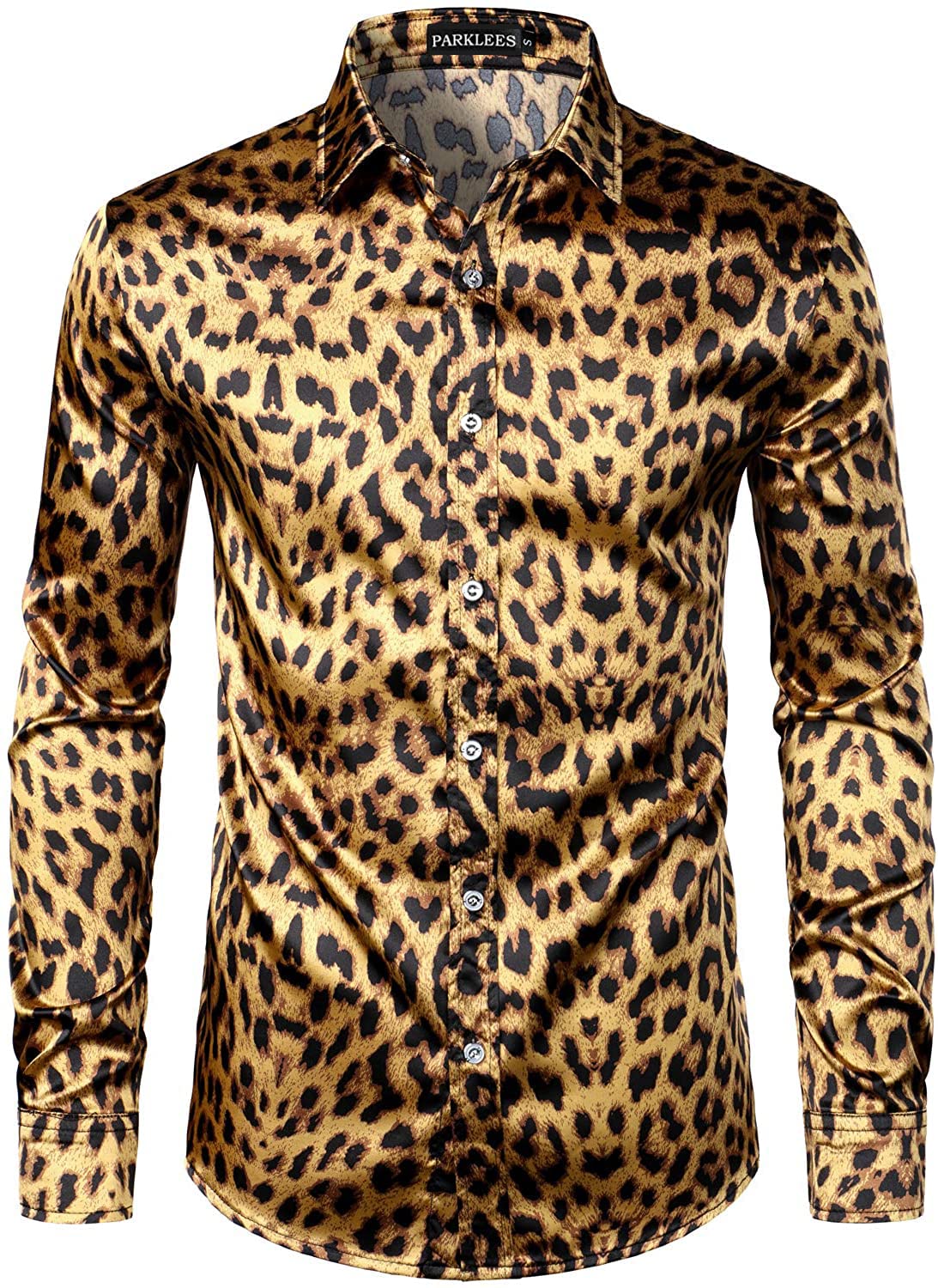 PARKLEES Camisa de vestir informal de satén con botones y estampado de seda para hombre, para fiestas y bodas