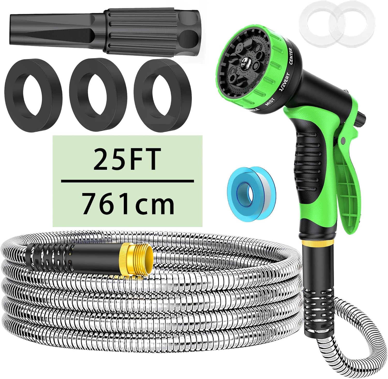 Stainless steel garden hose, retractable and flexible, with multi-function nozzle (Green 25FT)