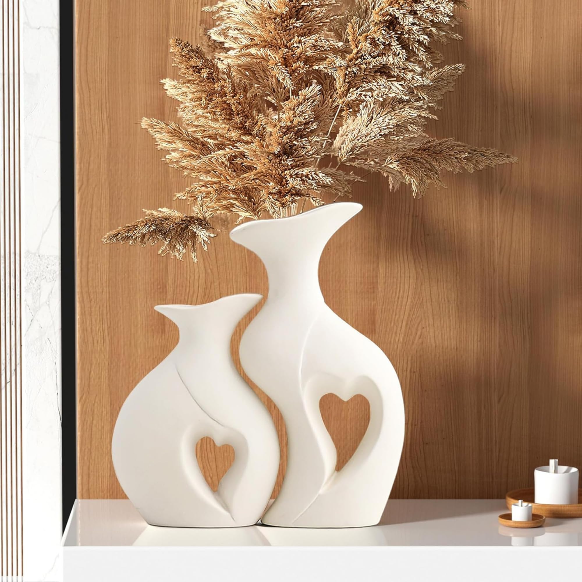 THE SACRED GIFTS Heart Shape Ceramic Vase | Modern Boho Hollow Flower Vases | Nordic Aesthetic Decor | Decorative Vases for Room | Home Book Shelf | Table Decor (Set of 2) (White)