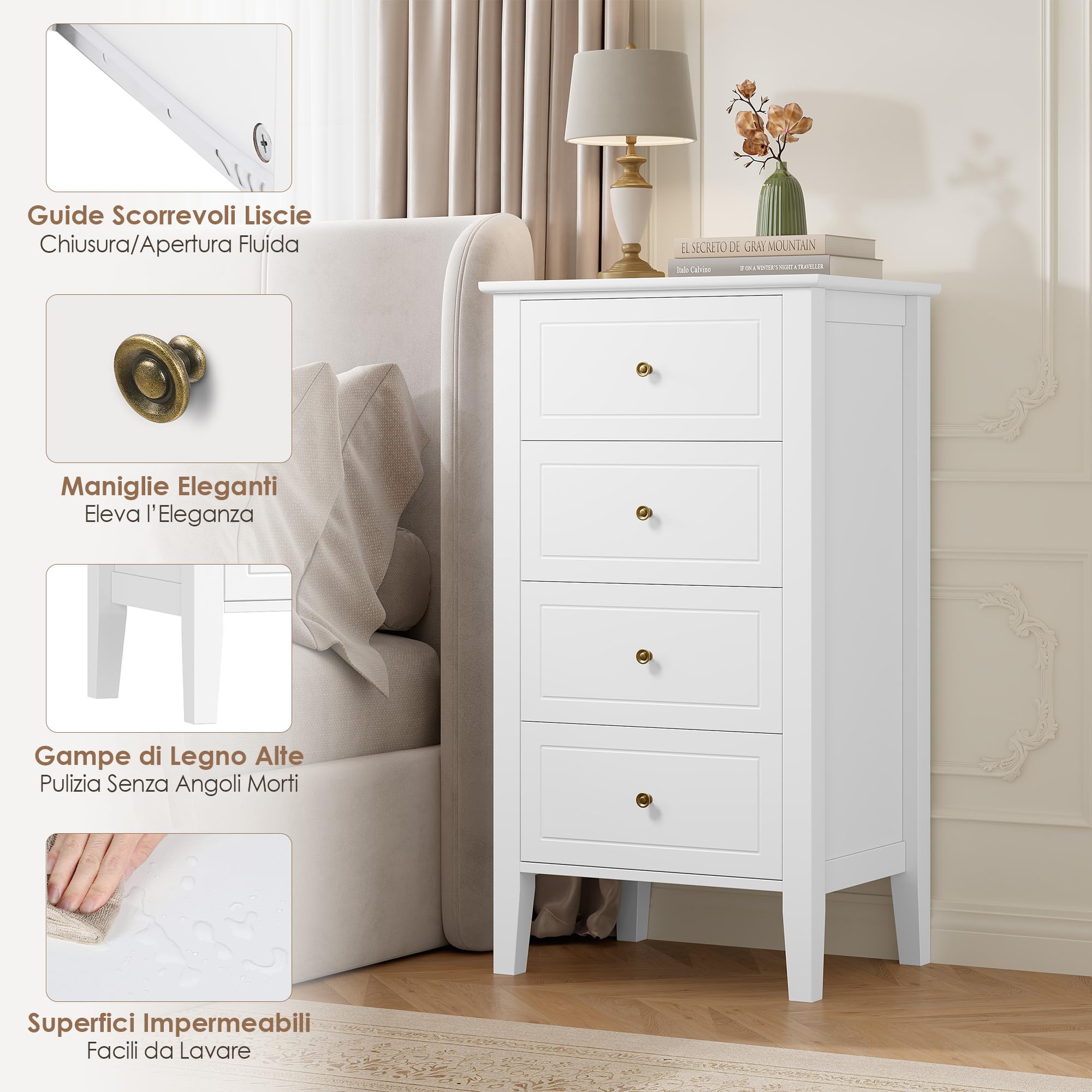 FOREHILL Cassettiera Camera da Letto, Comodino Bianca con 4 Cassetti in Legno, Mobiletto Autoportante per Soggiorno, Corridoio, Cucina 50x40x95 cm