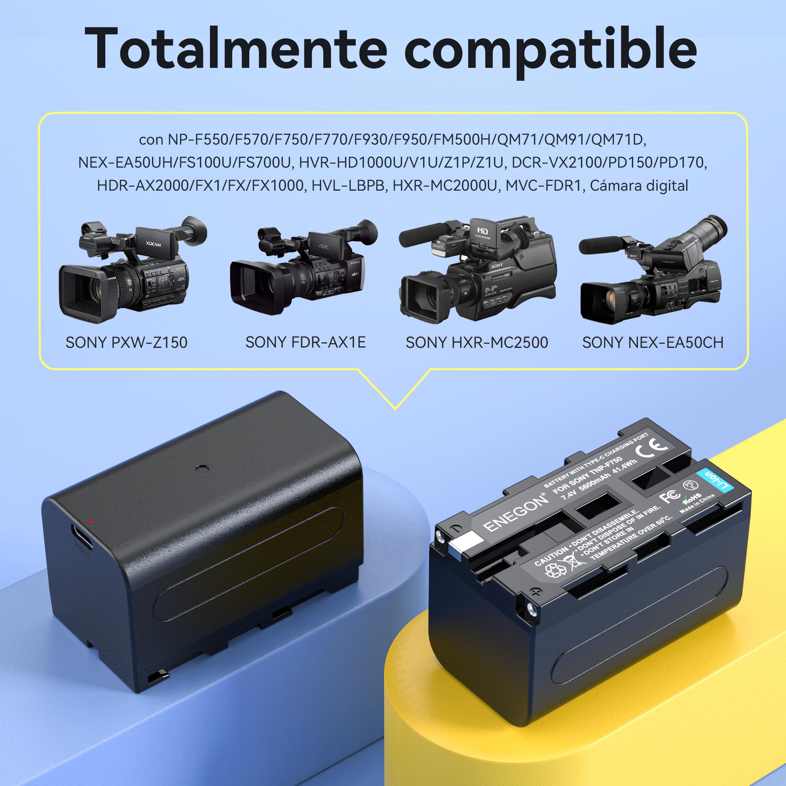 ENEOGN NP-F750 Baterías de Repuesto USB-C con Carga Directa de 5600mAh (Paquete Doble) para NP-F750, Compatibles con Sony CCD-TRV815, DCR-TRV9, CCD-TR3, CCD-TRV82, DCR-TRV900, CCD-TR3000, CCD-TRV85.