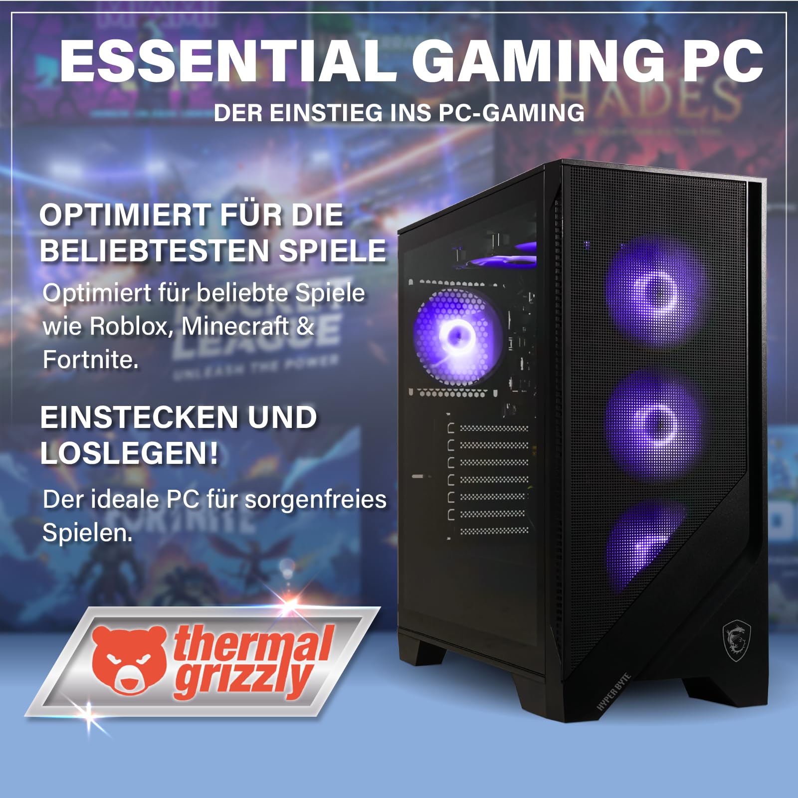 HYPER BYTE® Essential Gaming PC - Computer mit AMD Ryzen 3 3200G mit 4,0 GHz | Vega 8 | 16GB DDR4 RAM | 256GB SSD | Gamer Tower Desktop | USB 3.0 | WLAN | Windows 11 Pro