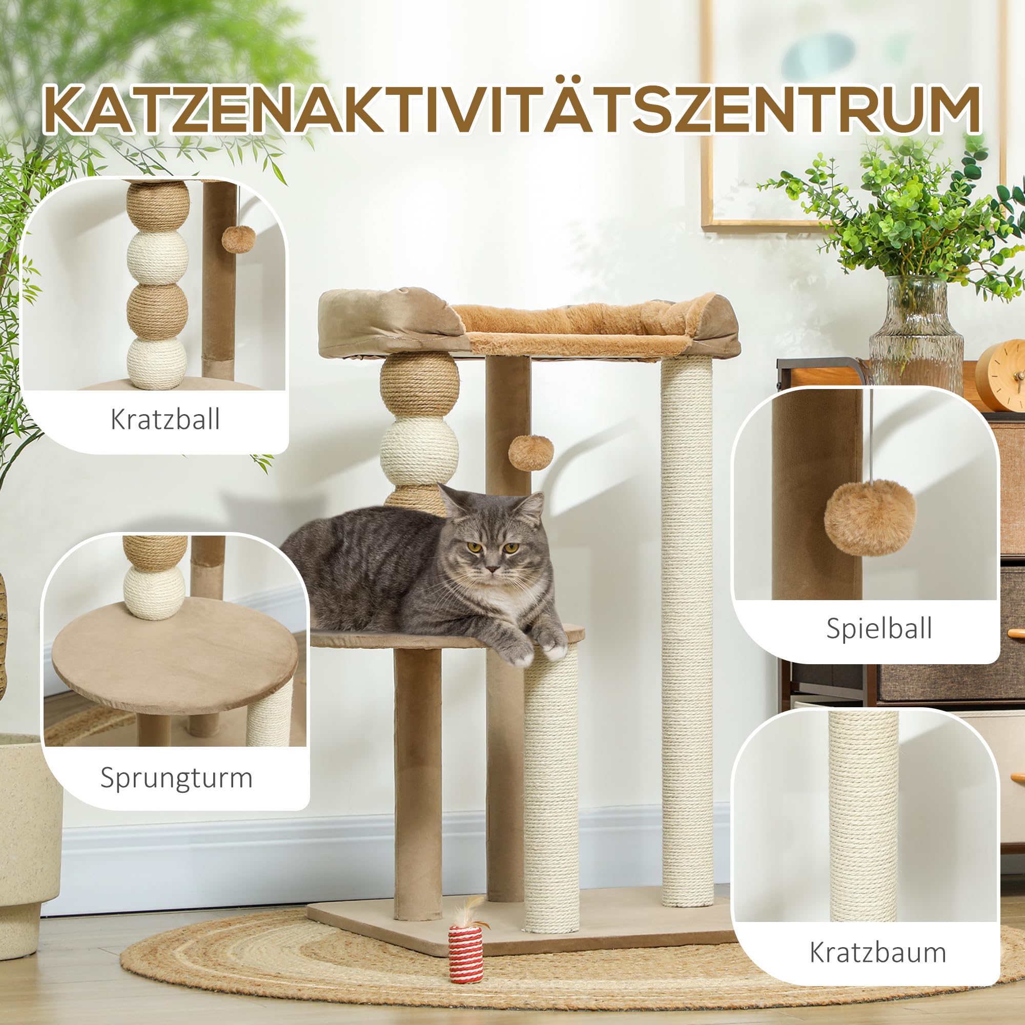 PawHut Kratzbaum 86 cm mit Sprungplattform für Katzen bis 7 kg Kaffee | Katzenbaum, Bett, Spielball, Katzenkratzbaum mit Jute-Kratzsäulen