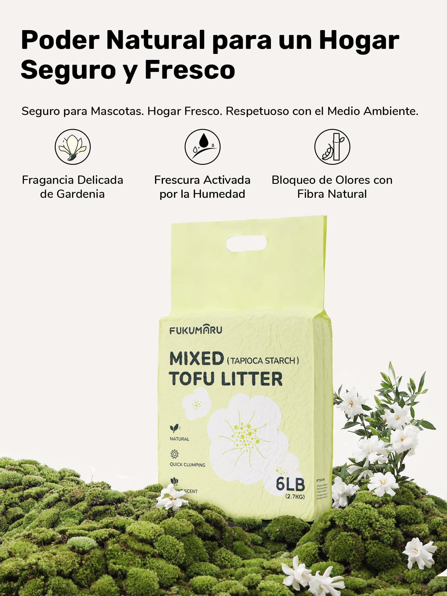 FUKUMARU Tofu Arena para Gatos con Cassava 10.8KG. Ultra aglutinante Antiadherente, sin Polvo, Fragancia Natural de Gardenia, Control de olores, se Puede desechar en el Inodoro, residuos mínimos.