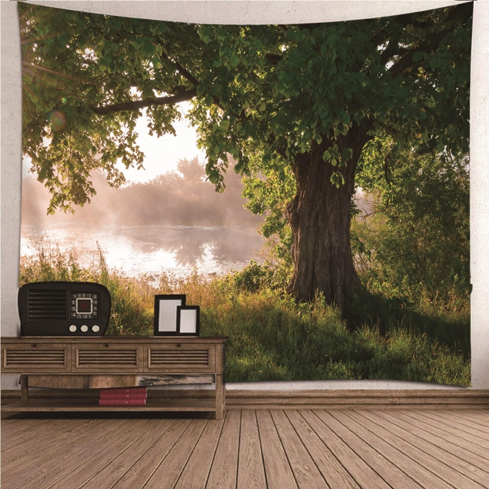 Tapestry Weaving - Arazzo da parete naturale, paesaggio, lago, albero e lago, in microfibra, 200 x 200 cm (larghezza x altezza)