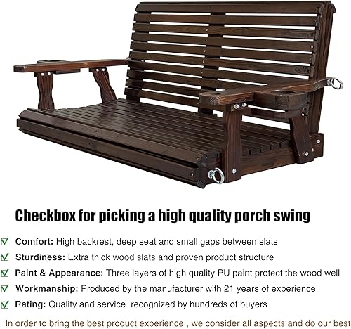 Miniatura 75 de Columpio de madera para porche de 2 plazas, respaldo alto y asiento profundo, columpio de banco con portavasos, cadenas colgantes y resortes