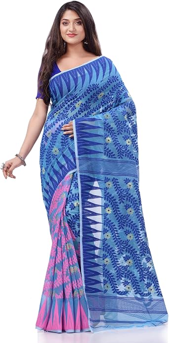 dB DESH BIDESH Women`s Tamarind Leaf Resham Dhakai Jamdani Pure Cotton Handloom Saree Whole Body Design