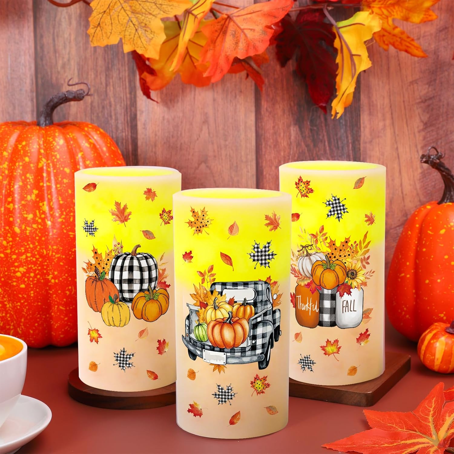 Whaline Fall LED Flameless Candles Plaid Pumpkin Truck Warm Light Battery Operated Pillar Candles Autumn Electric Flickering Candle for Thanksgiving Party Home Decor, Set of 3