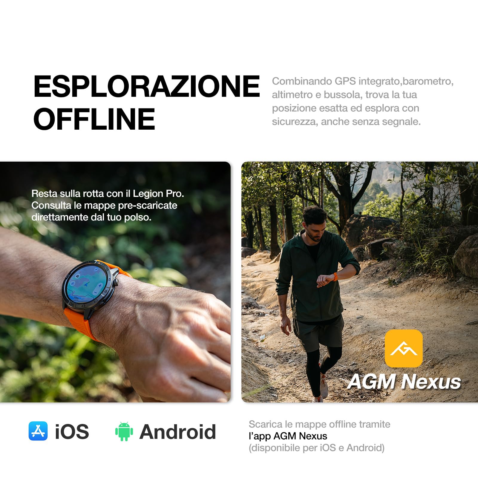 AGM Legion Pro Smartwatch Uomo Militare, Orologio GPS Trekking Rugged con Mappe Offline, 1,43" AMOLED, Chiamate, MIL-STD-810H, 5ATM Impermeabile, Fitness, 2 Cinturini