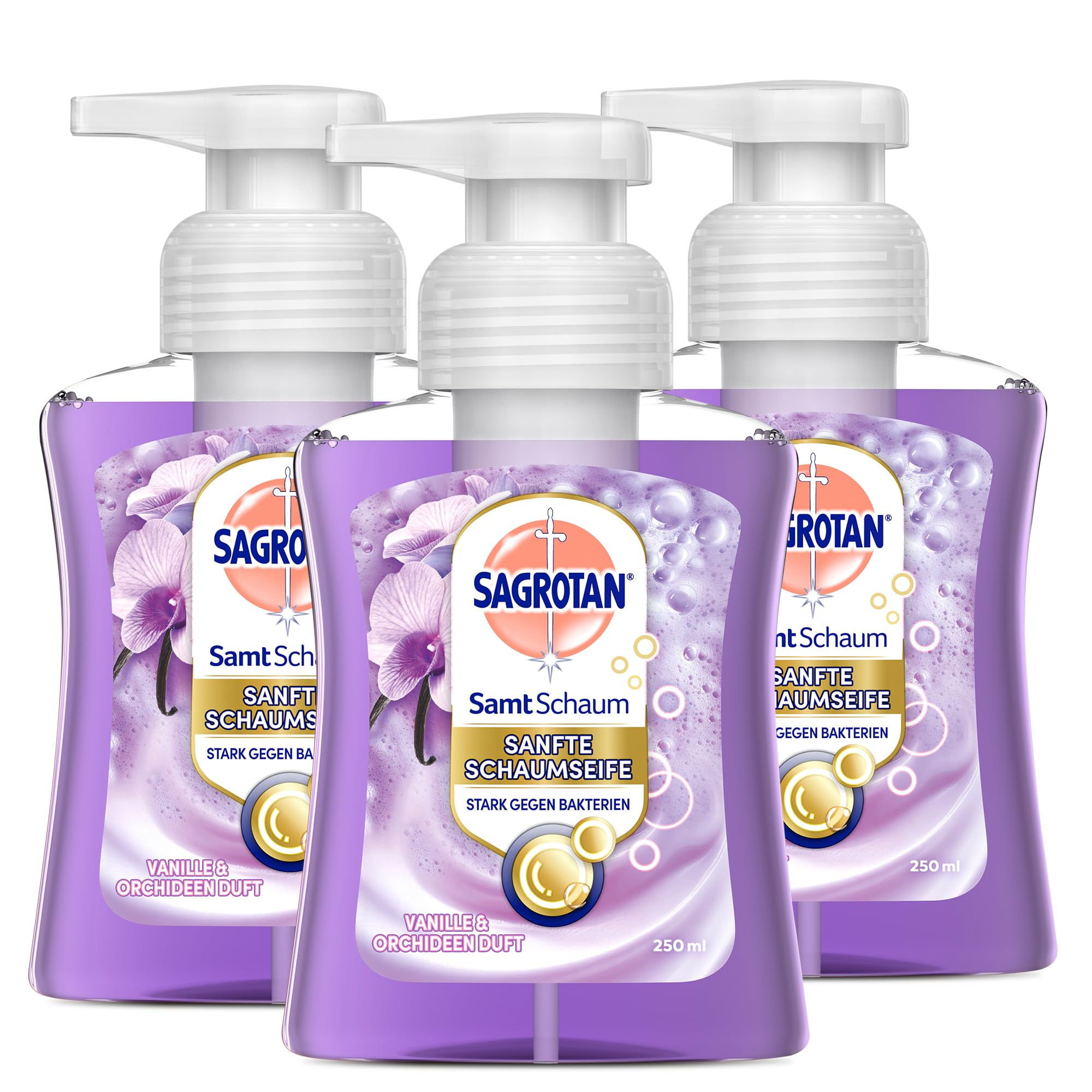 Sagrotan Samt-Schaum Seife Vanille & Orchidee, Antibakterielle Schaumseife – 3 x 250 ml Seifenspender im praktischen Vorteilspack