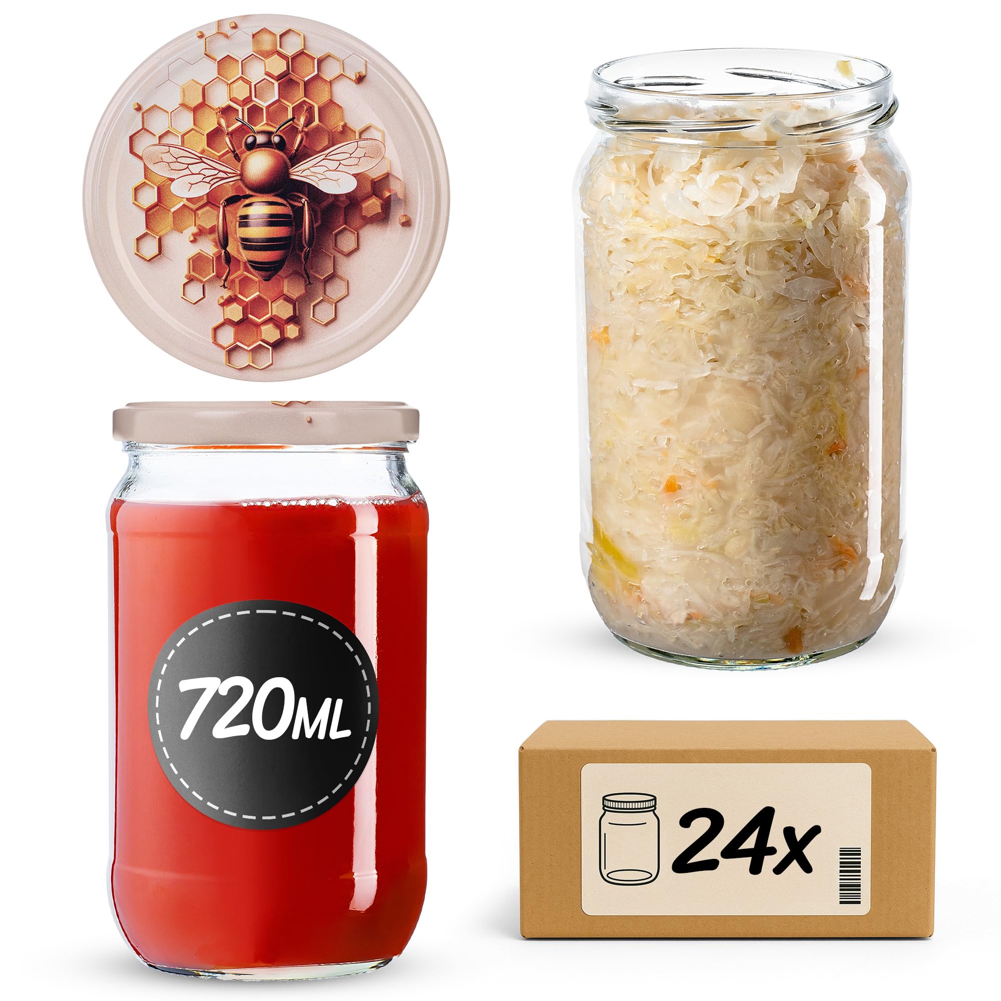 KADAX Lot de 16 Grands bocaux en Verre 720ml Ø82 – Couvercle à vis hermétique, pour conserves, cornichons, légumes lacto-fermentés et confitures Maison