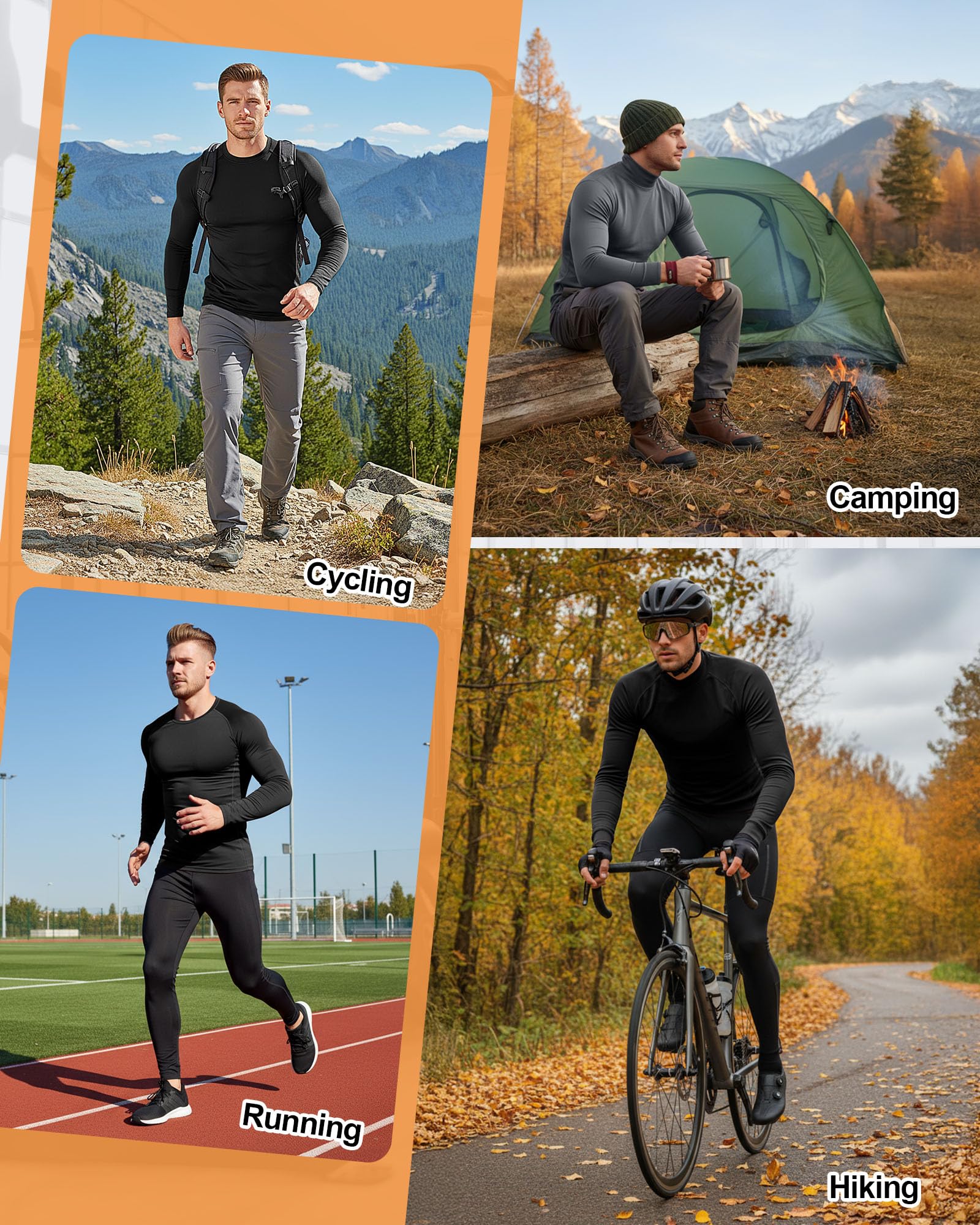 Coume Thermo-Kompressionsshirt für Herren, mit Fleece gefüttert, Rollkragen, Unterhemd, langärmelig, athletisches Workout, 4 Stück