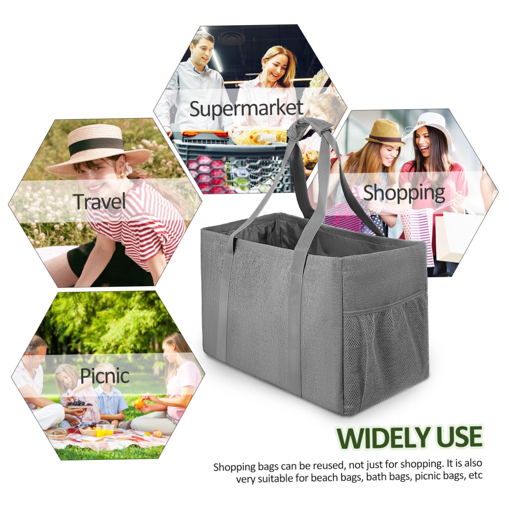 Borsa della Spesa Pieghevole in Cotone Canvas con Rivestimento, Capacità 35l, Doppie Tasche a Rete e Manici Rinforzati, per Spiaggia e Uso Quotidiano