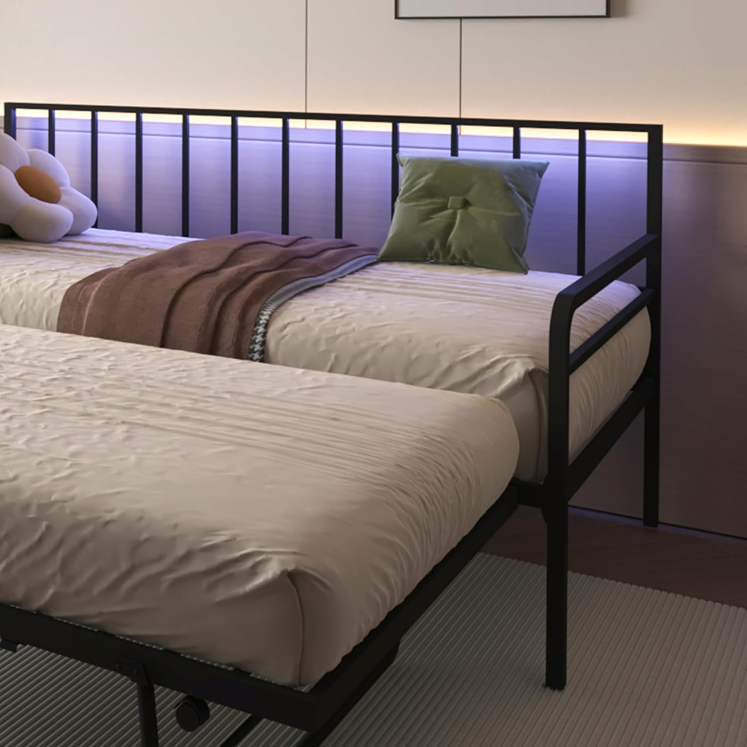 Ball & Cast Twin Size Daybed with Pop up Trundle,Height Adjustable Metal Day Bed Frame with RGB LED Lights & Charging Station,Extendable Trundle Bed,Twin to King Design, for Bedroom,Guest Room, Black