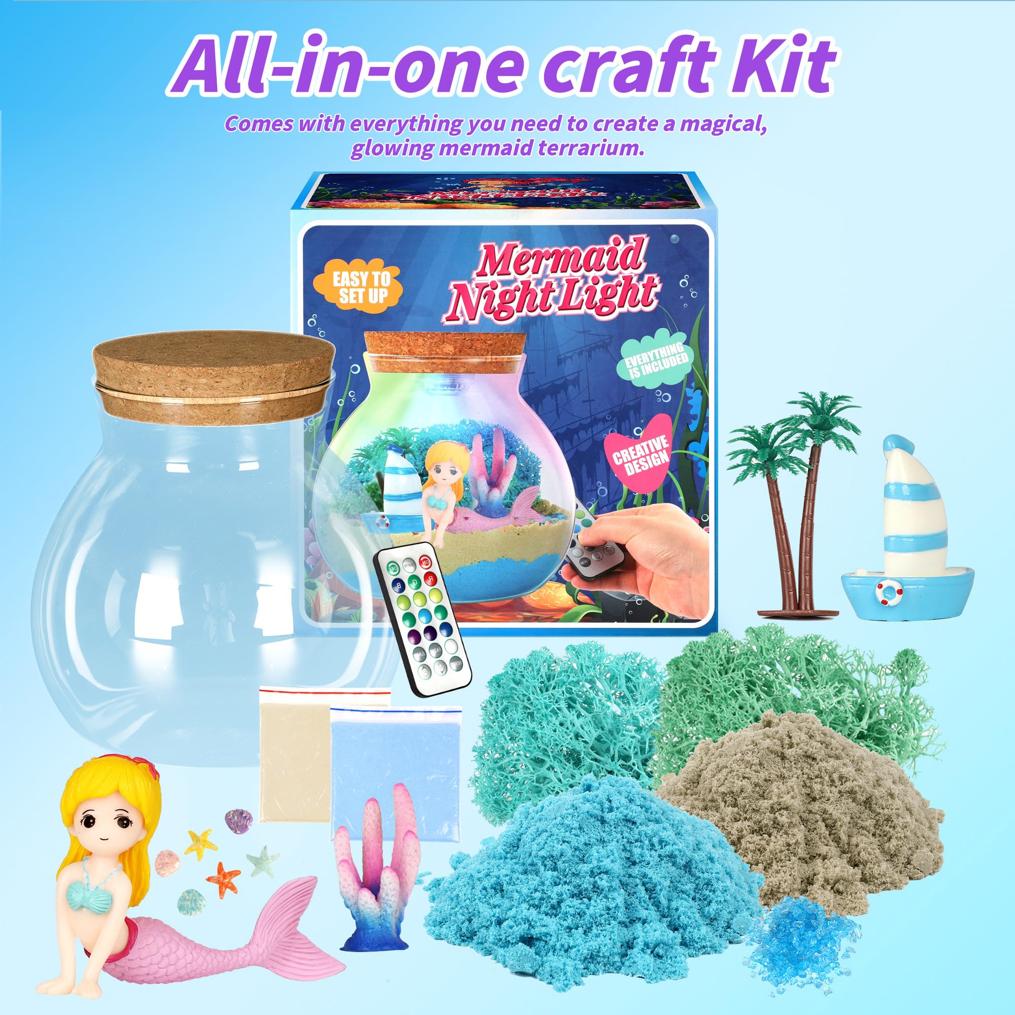 Kit artigianale per terrario a forma di sirena, per ragazze, crea la tua luce notturna a forma di unicorno con telecomando a LED con 16 modalità, regalo di compleanno per ragazze dai 5 ai 6 ai 7 agli