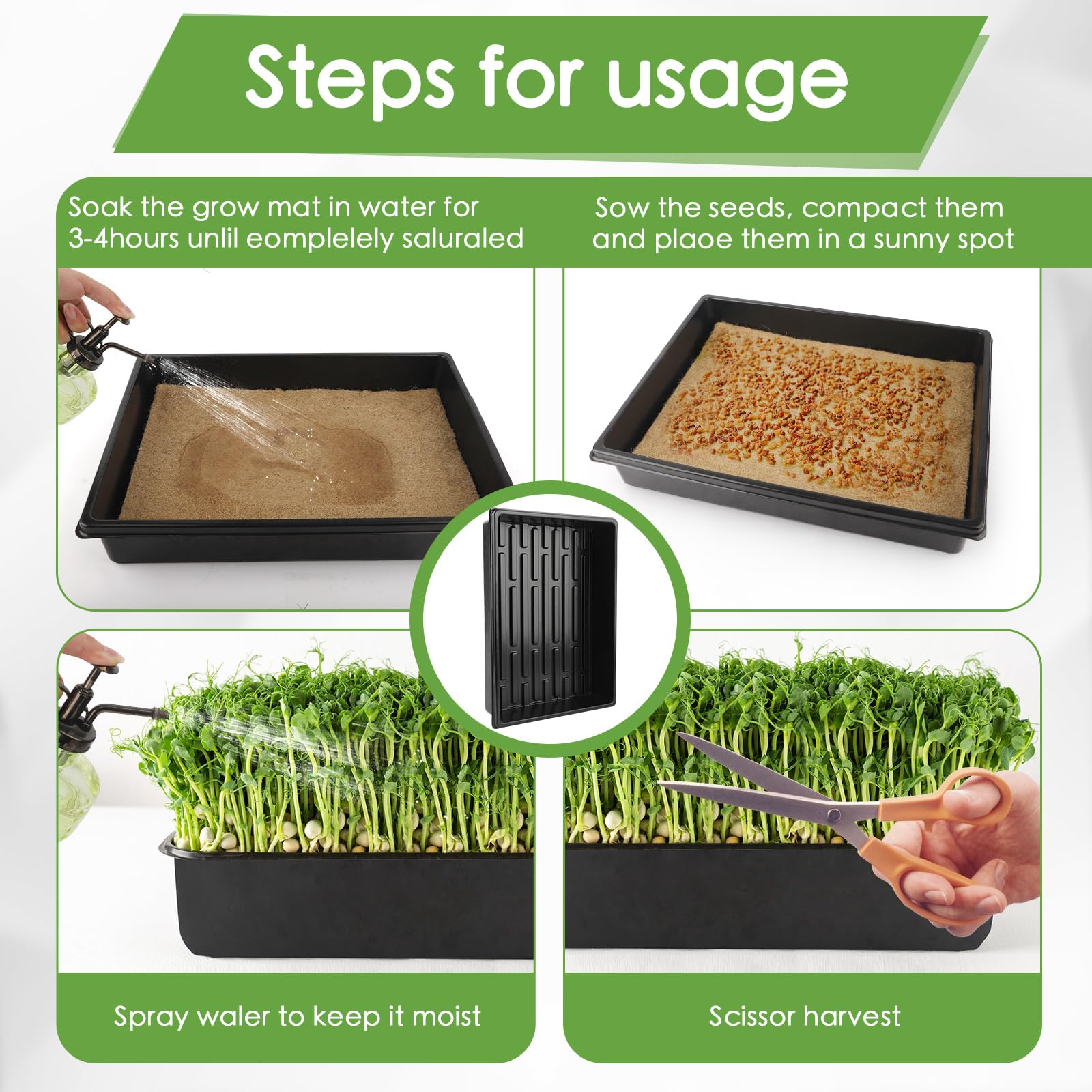 Paquete de 6 bandejas de cultivo de microgreens con 12 alfombrillas de cultivo de fibra de cáñamo para plantas, 15 x 11 x 2.5 pulgadas, kit de cultivo de semillas de jardín para plántulas, cultivo de