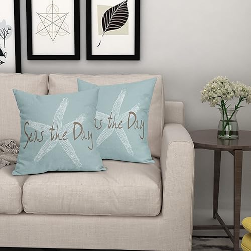 Miniatura 7 de Fundas de almohada de playa de 20 x 20 pulgadas almohada náutica costera de playa azul espuma de mar estrella de mar decorativa funda de almohada