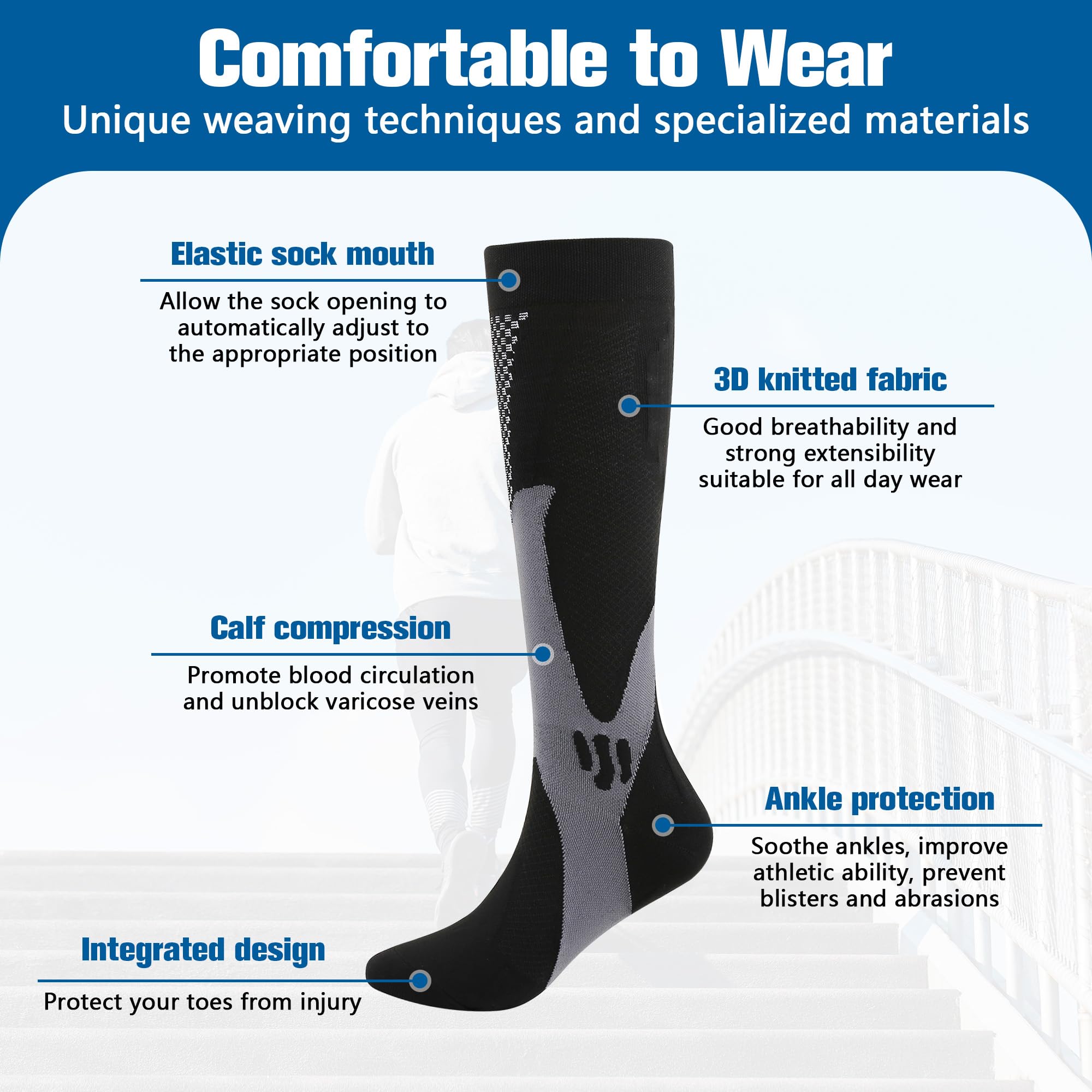 Kompressionsstrümpfe für Herren 2 Paar, Plantarfasziitis Compression Socken, Thrombosestrümpfe, Kompressionssocken Stützstrümpfe für Laufen Sport Flug Reise Radsport Fitness, Größe 38-45