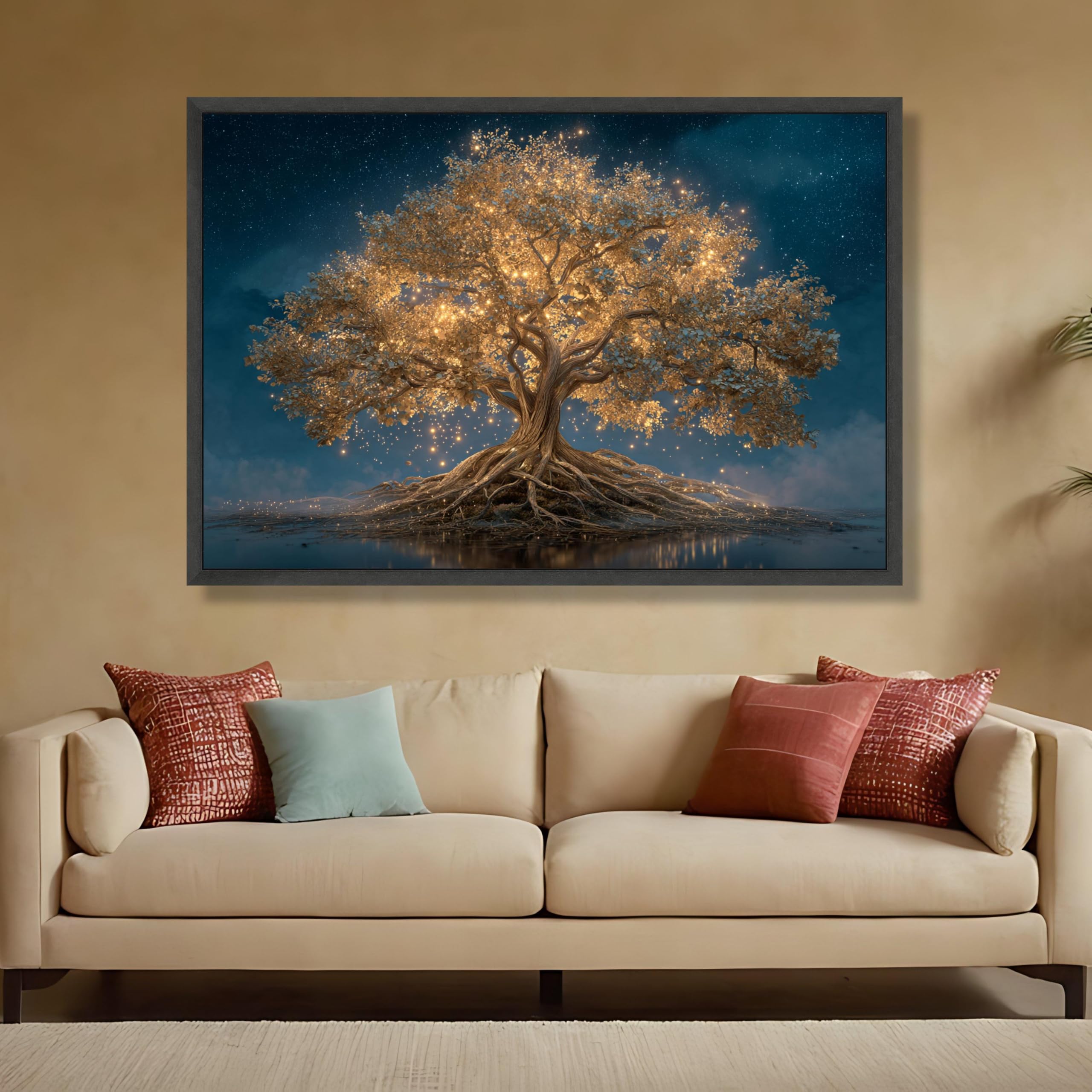 XINBAO Oświetlony obraz drzewa życia, złote drzewo płótno ścienne płótno naturalistyczne dekoracja domu sztuka gotowa do powieszenia (60 x 80 cm/wewnętrzna rama)