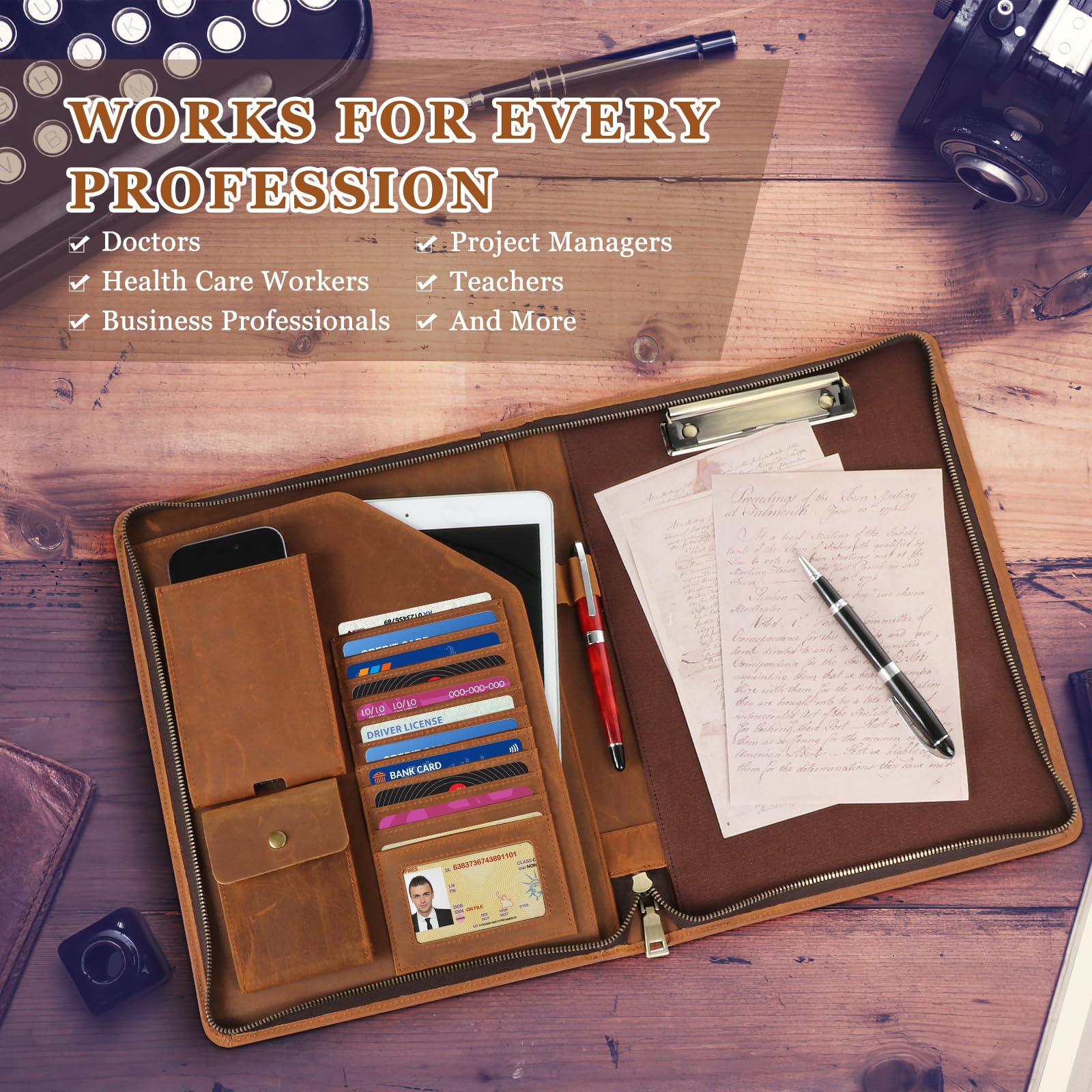 Padfolio A4 Business Portfolio Zippered Leather Binder PU Leather Notepad Folder For Resumes Interviews Legal Pad Notebook Executive Binder For Women Men (Color : Brown, Size : 8-digit Calculator - View #11