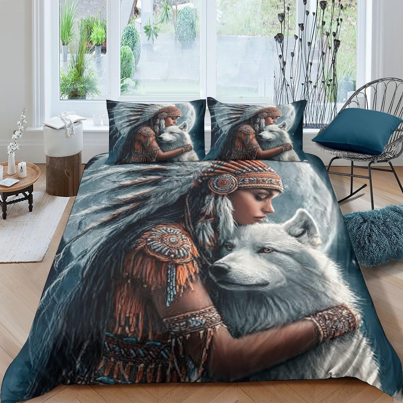 GPLZQXKJNH 3D Printed Native Wolf Duvet Cover Microfiber Soft Breathable Tribal Bedding Set with 2 Pillowcases for Bedroom Decor Single（135x200cm）
