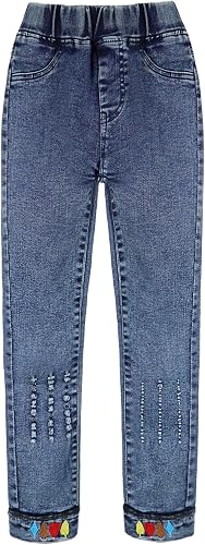 KIDSCOOL SPACE Girl Jeans,Embroidered Elastic Washed Denim Pants,Blue,11-12 Year