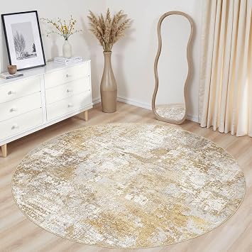 Tortania Washable 5' Round Area Rug for Living Room: Modern Abstract Neutral Large So' Thin Rugs - Non Slip Indoor Carpet for Bedroom Dining Room Office Nursery Home Floor Decoration - Brown Grey