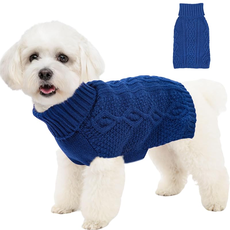 Suéter para cães pequenos com gola alta e tricô trançado Puppishy Navy Blue, tamanho Medium