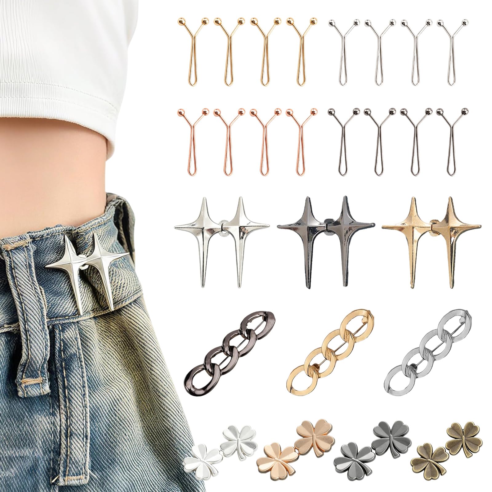 26 PCS Waist Tightener Clips Waistband Tightener Includes 4 Styles Ideal for Loose Jeans Pants Skirts Clothing Sleeves Sweaters