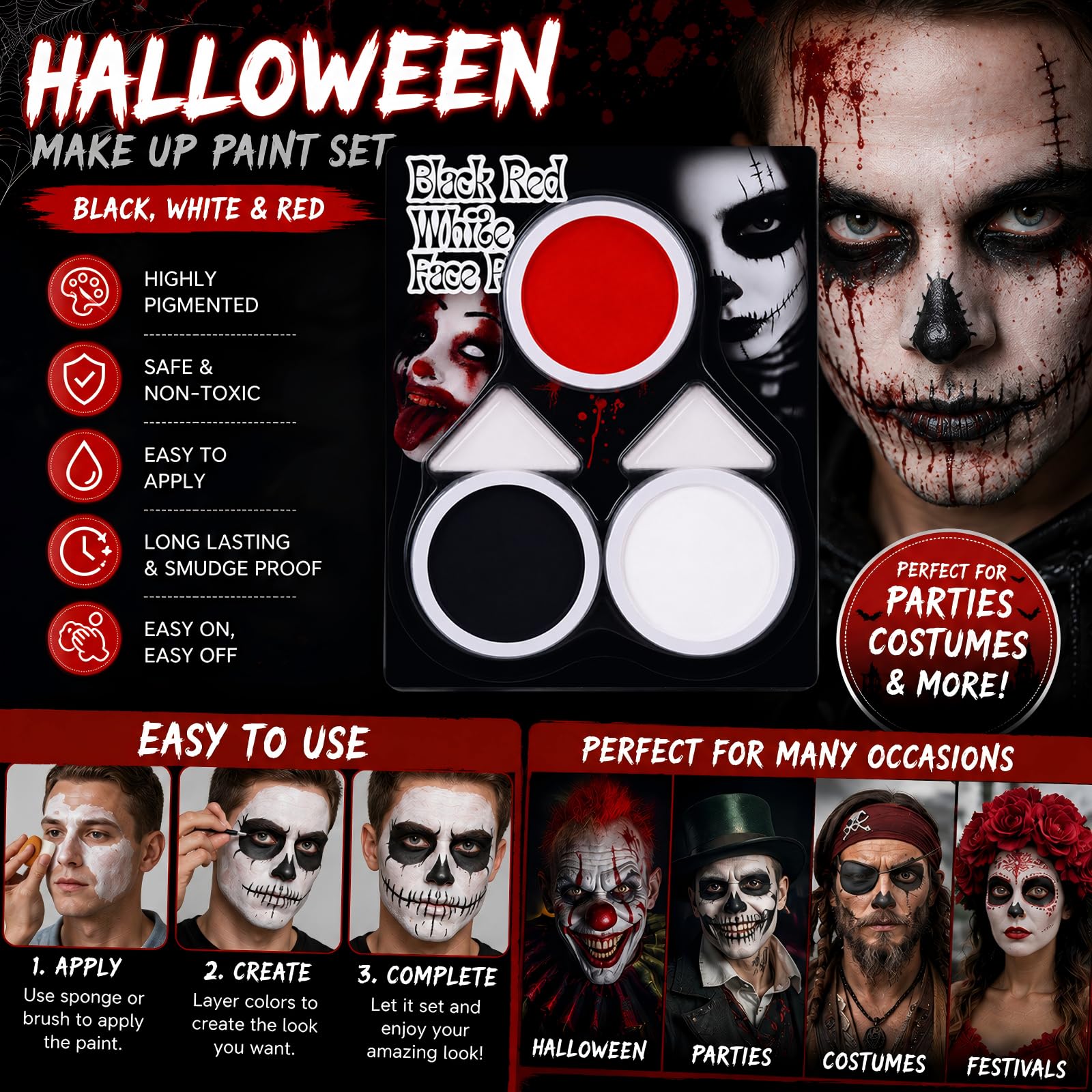 Czarny + biały + czerwona farba do twarzy i ciała, na Halloween, biało-czarno-czerwona, zestaw do makijażu twarzy i ciała, Cosplay SFX zestaw do makijażu na Halloween, szkielet, czaszka, klaun, wampir