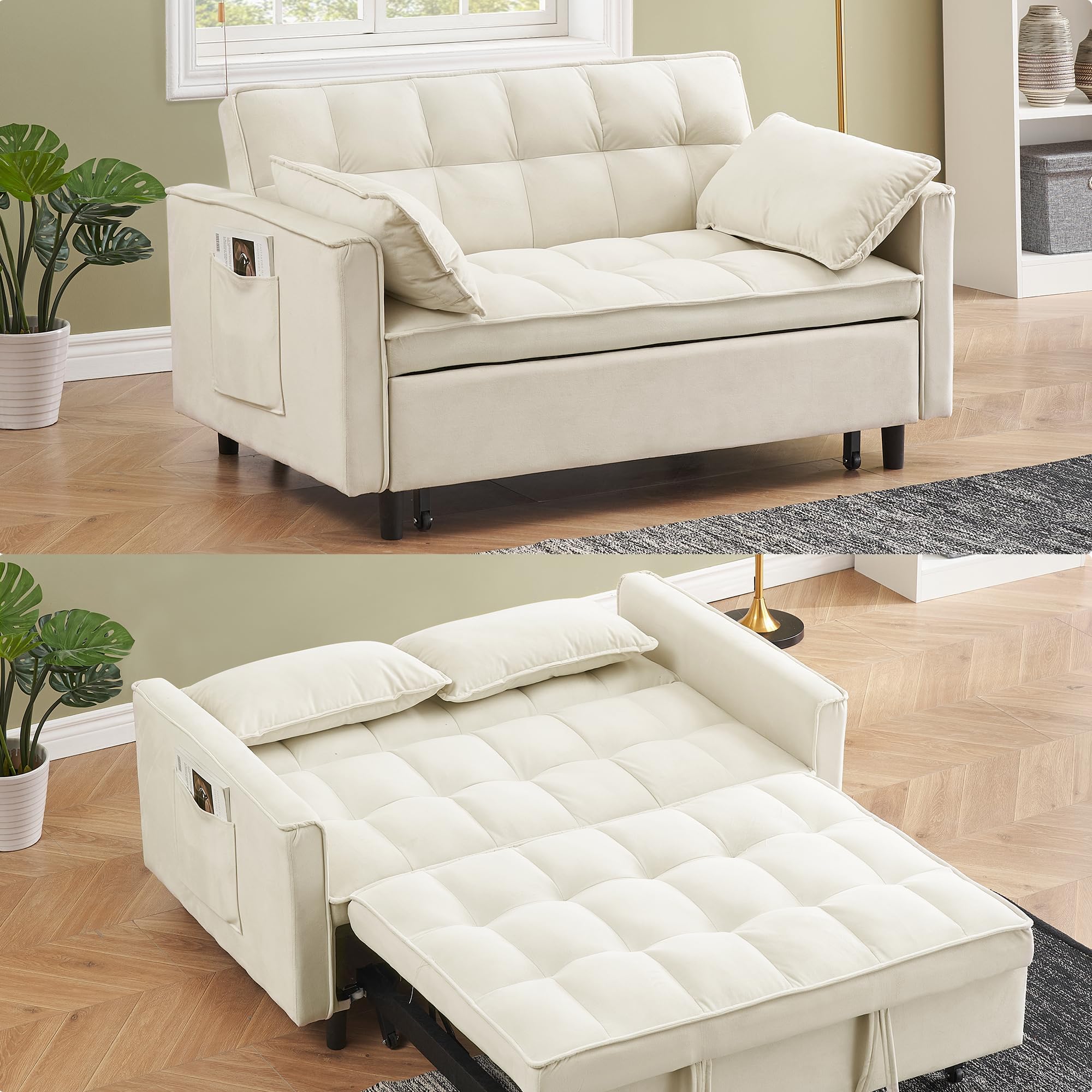 55" Sleeper Loveseat,3 in 1 Sofa Bed,Pull Out Couch Bed with 2 Pillows and Side Pockets,Velvet Convertible Bed for Small Spaces,Living Room (Beige)