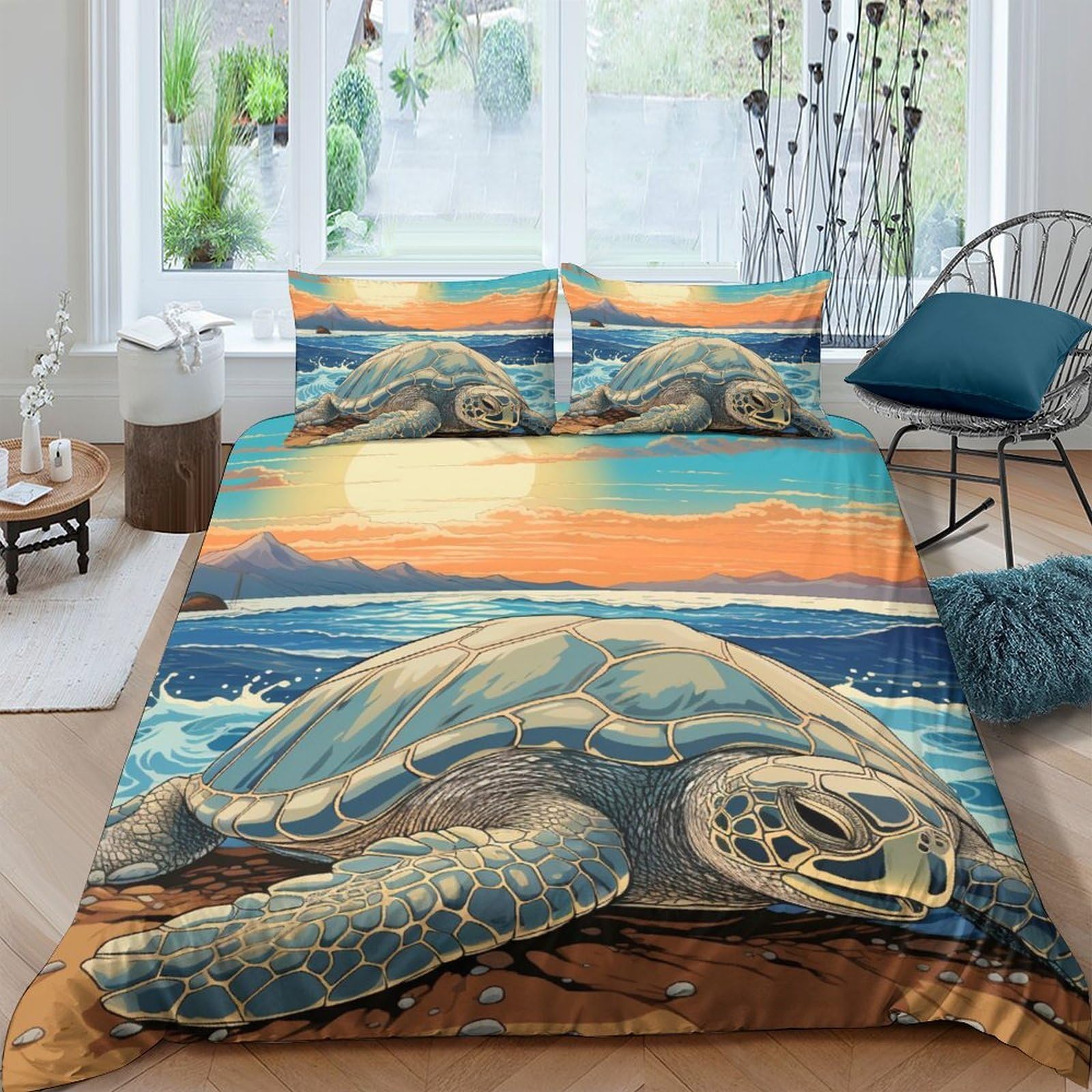 Ctjqhvkz Style-1 3D Printed Sea Turtle Fitted Sheet Microfiber Soft Ocean Sunset Bed Cover For Bedroom Guest Room Protection Decor Single（135X200cm）