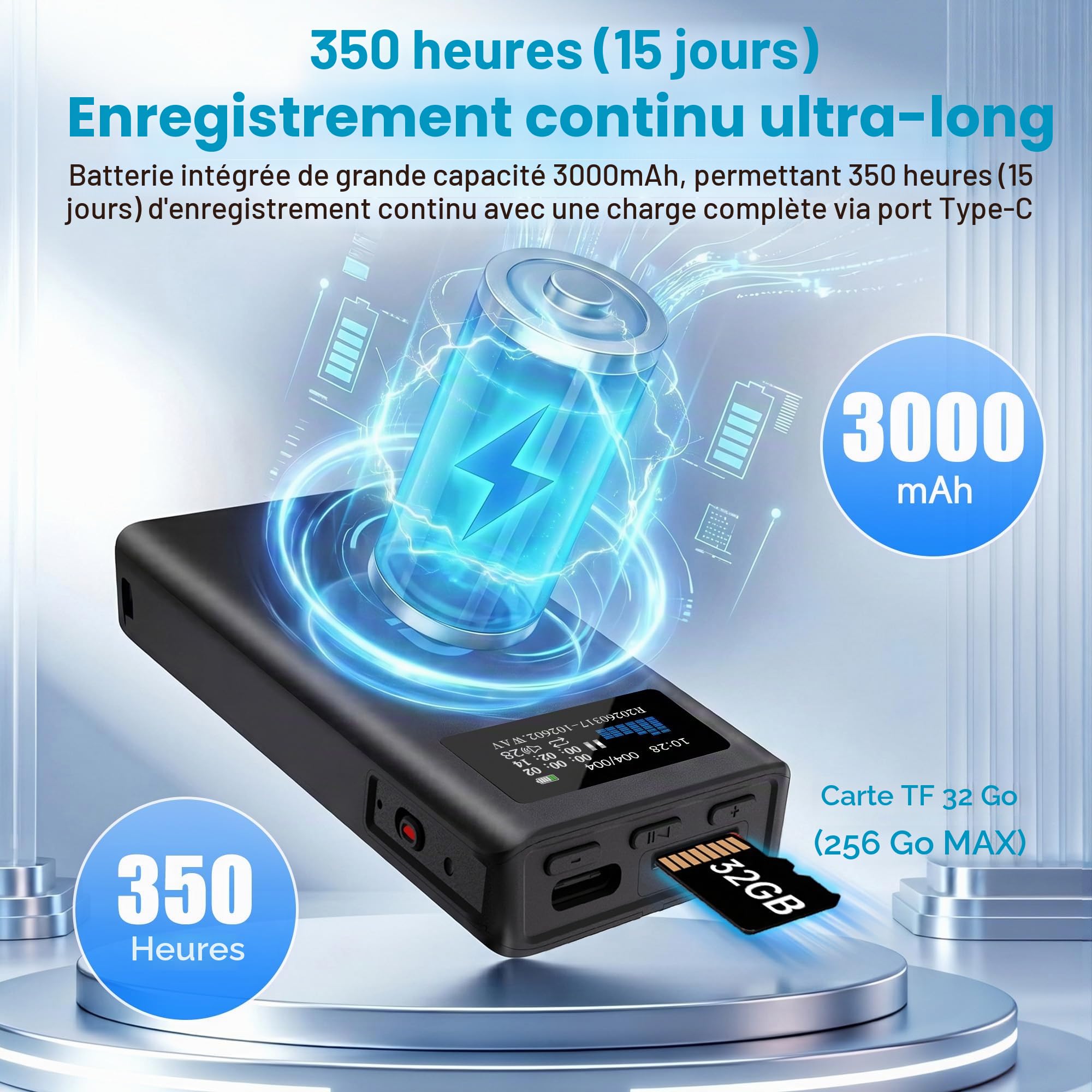 32GB Enregistreur Vocal Magnétique avec Autonomie 350h, Extension Carte TF, Lecture Haut-Parleur et Enregistrement en Un Clic, Appareil Portable USB‑C Reconnaissance Vocale