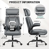 Vista 2 de Silla de oficina, silla de escritorio ergonómica con brazos abatibles acolchados y reposacabezas ajustables, cómoda silla ejecutiva de piel Gris