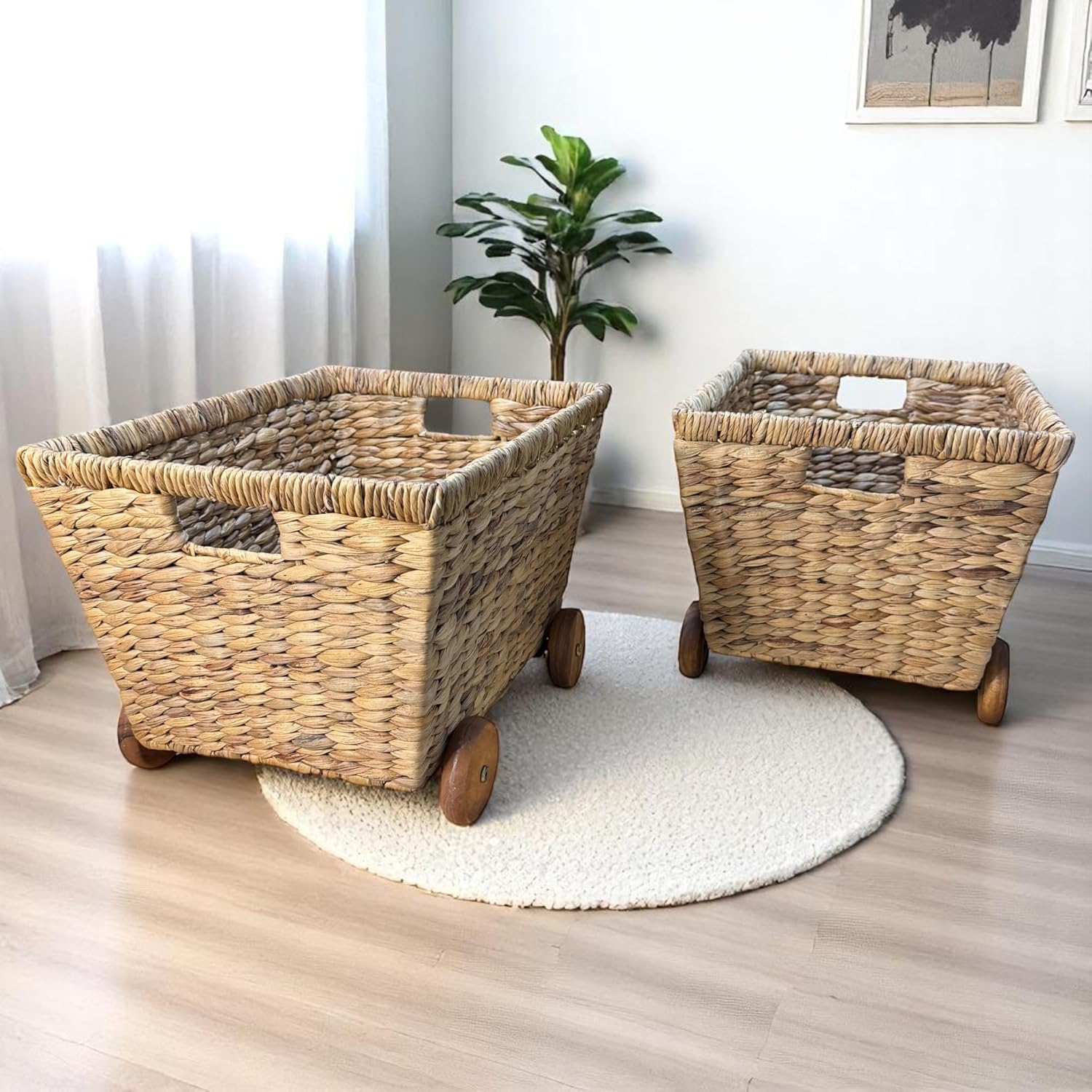Wicker Toys Storage with Removable Wheels, Set of 2, Heavy Duty Hyacinth Storage Baskets for Organizing, Storage Woven Basket, Rattan Basket, Toys Storage (Water Hyacinth)