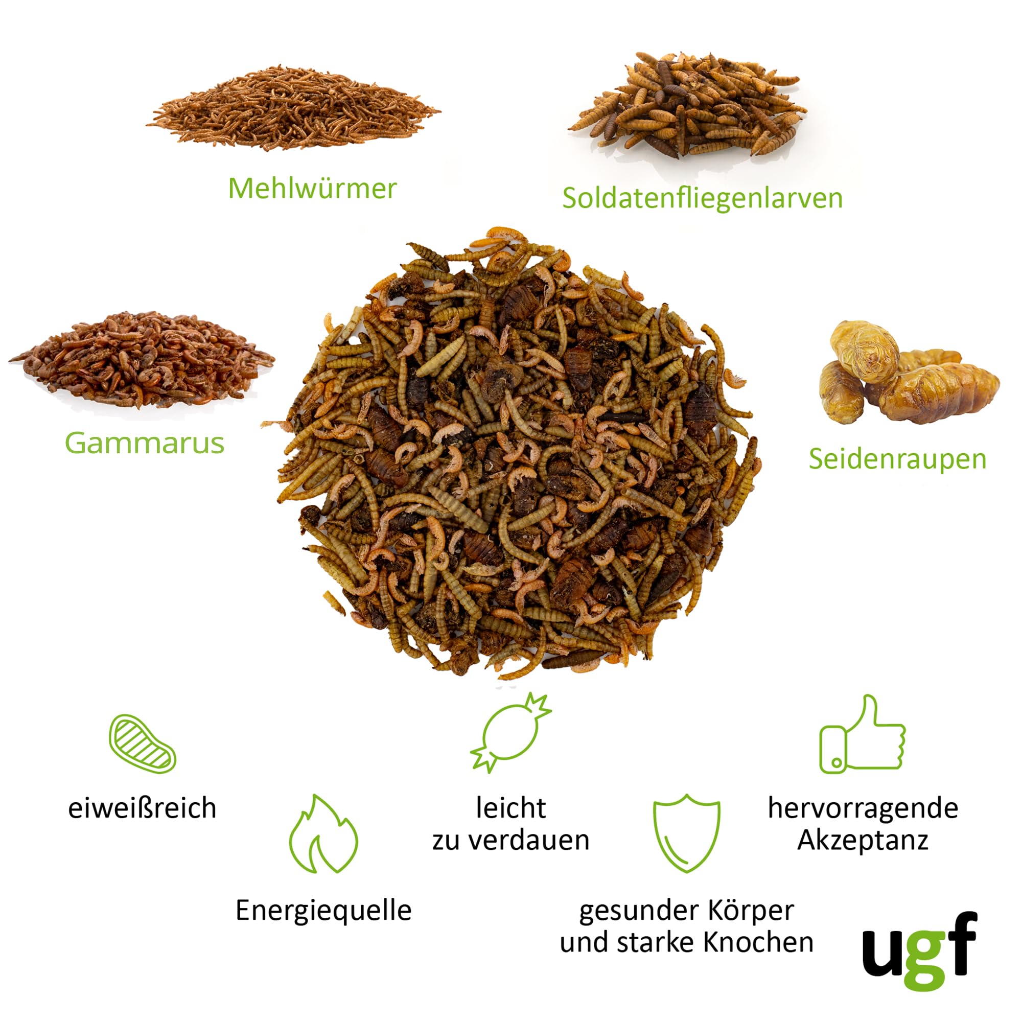 UGF - Mieszanka owadów z kiełżem - 500 g w wiadrze 3-litrowym, pokarm dla jeży, myszoskoczków, chomików, szczurów, jaszczurek - mączniki, larwy muchy żołnierskiej, jedwabniki, kiełż